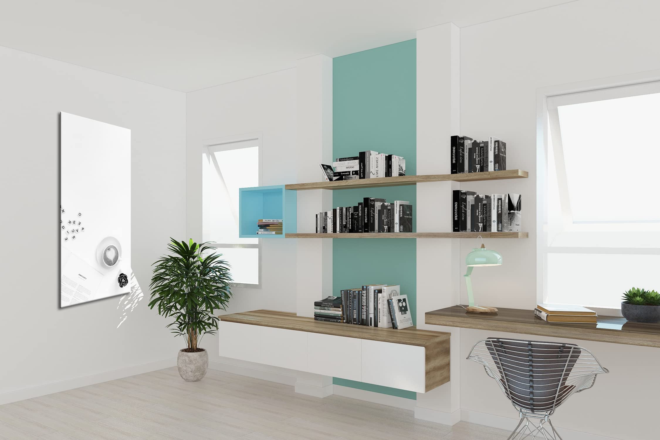 Café de la mañana en el trabajo panorámico, 120 x 60 cm, efecto: negro/blanco como lienzo, diseño enmarcado sobre marco de madera auténtica, impresión digital de alta calidad con marco