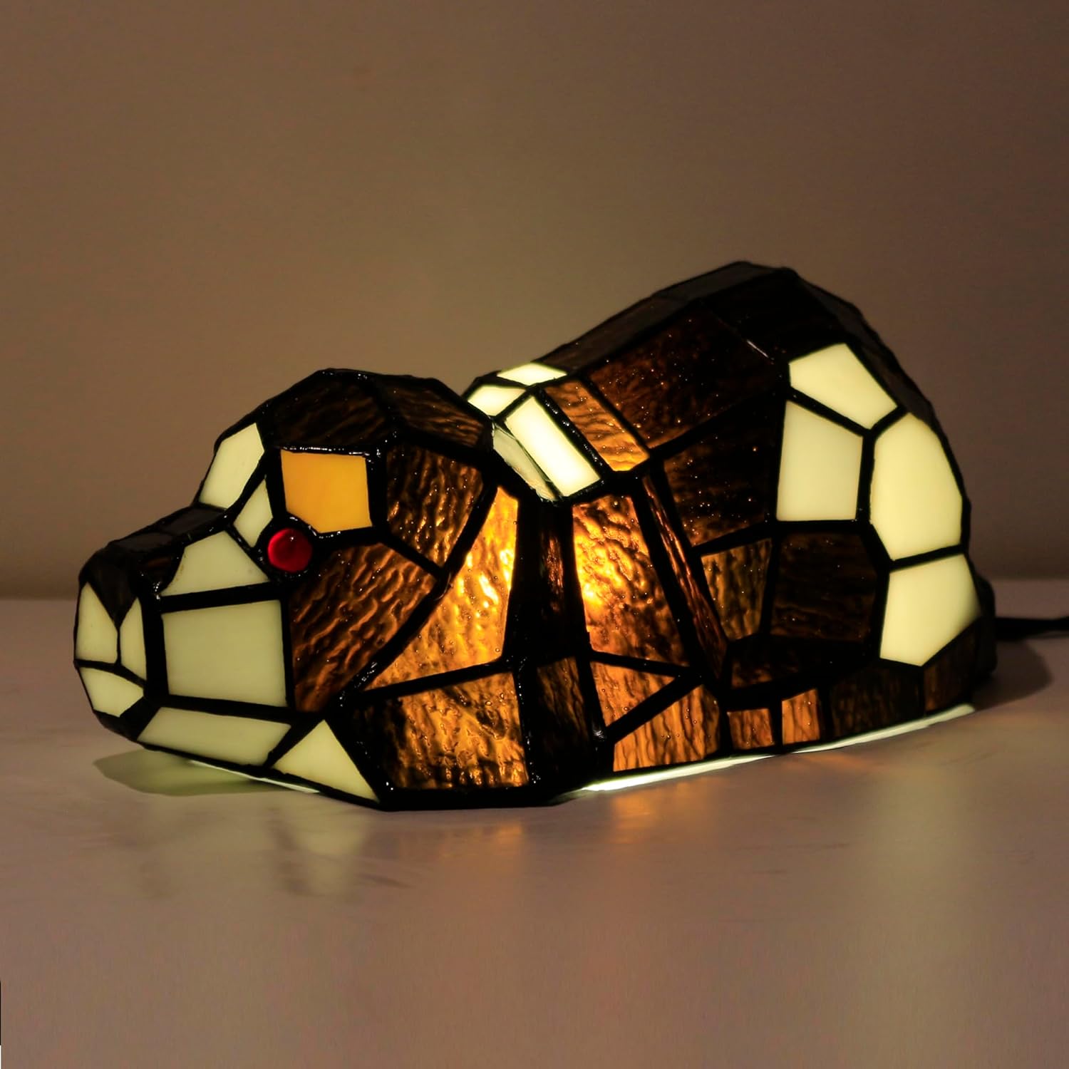 Small Tiffany Lamp Stained Glass Animal Table Lamp Mini Accent Desk Light (Brown White Dog)