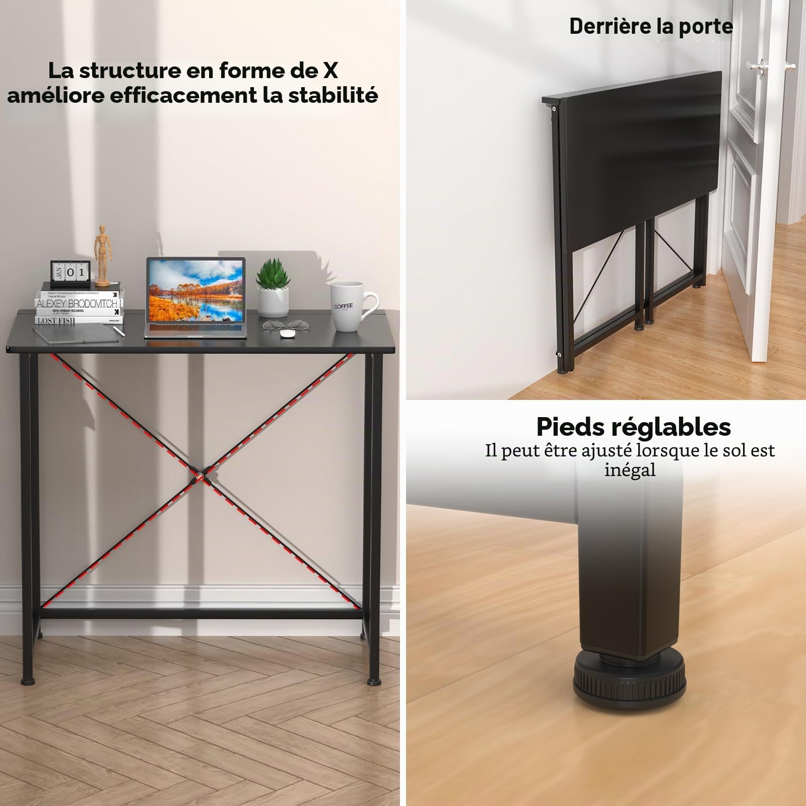 PIPIPOXER Table de Bureau Pliante 80x45x75cm, Bureau d'Ordinateur, Petit Table d'Ordinateur Bureau Pliable, Cadre en Métal, Bureau Pliant pour Étudier, Travailler, Chambre, Imperméable, Noir