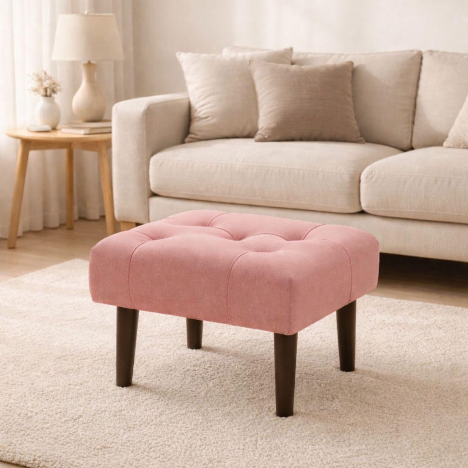 SS Wood Nation Velvet Velvet Ottoman Footrest – Wooden Pouf Stool for Living Room, Bedroom & Small Spaces – Stylish Seating & Home Decor Accent | Strong Wooden Legs (Pink)-image-45