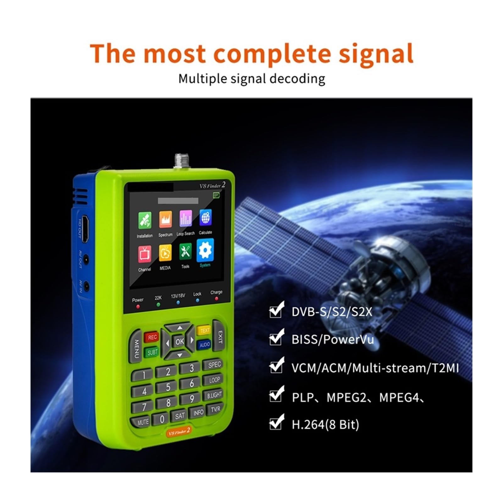 Cercatore satellitare, V8 Finder 2 Rilevatore di segnali satellitari DVB-S/S2/S2X Digitale 1080P HD H.264 Supporto CCM, VCM, ACM, ricevitore TV via satellite(Only v8 finder 2)