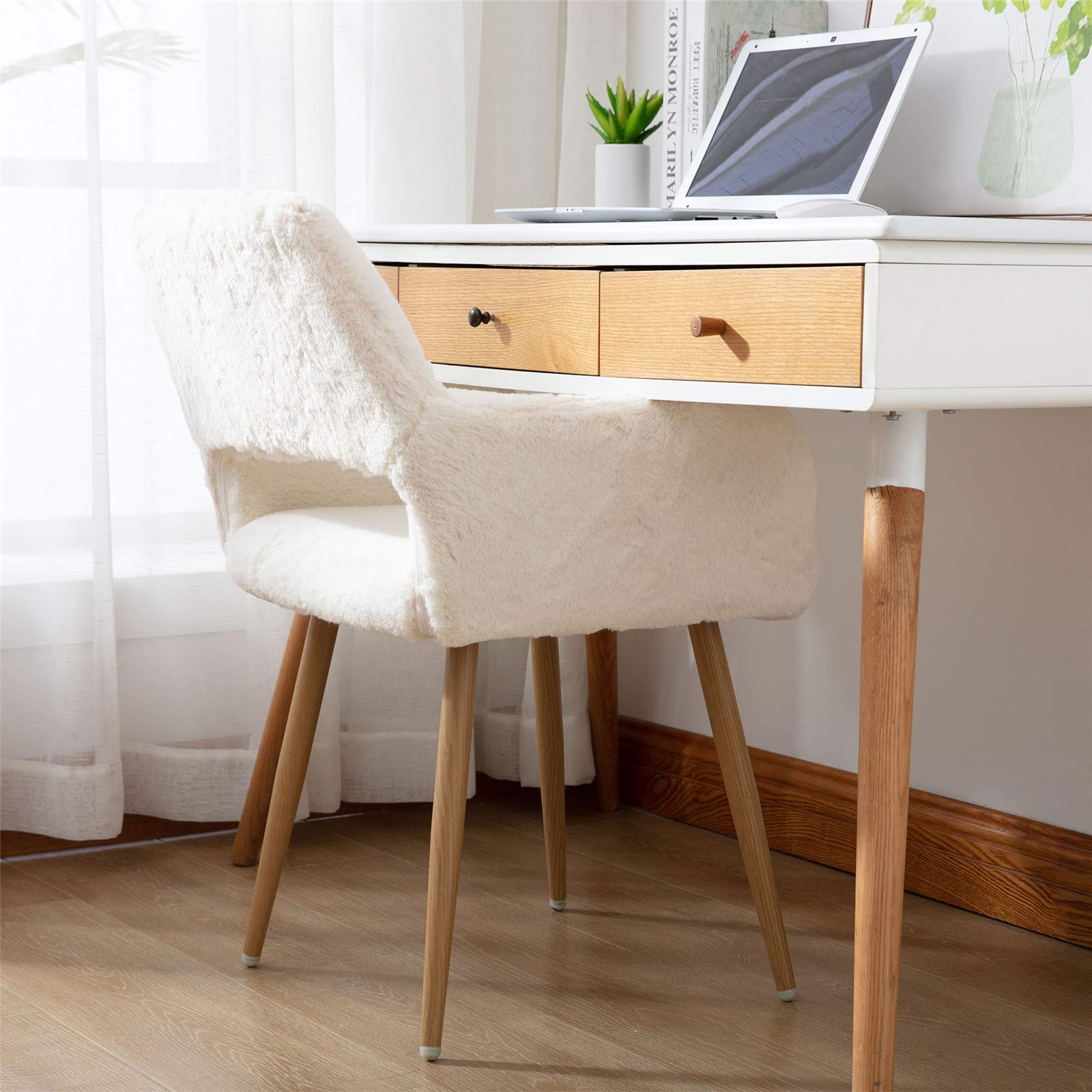 SSLine Faux Fur Vanity Chair Elegant White Furry Makeup Desk Chairs for Girls Women Modern Comfy