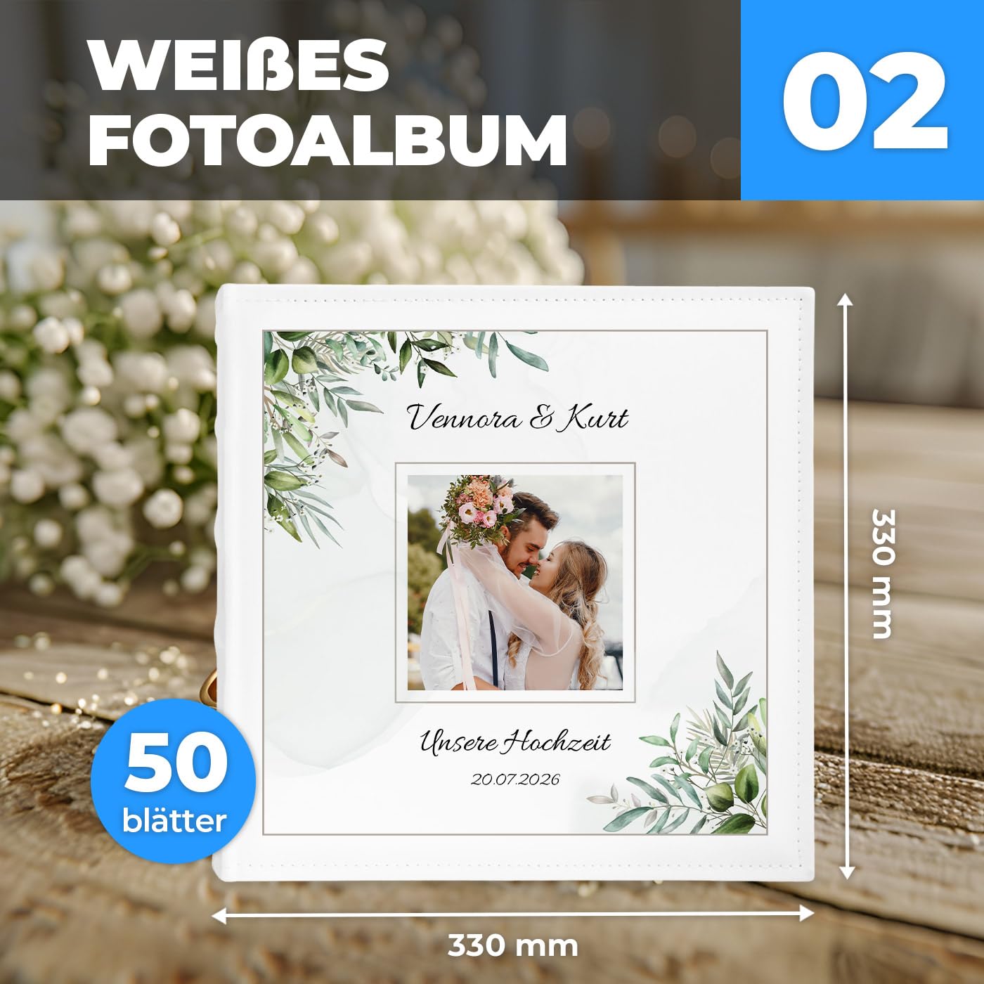 Maverton Einsteckalbum mit Aufdruck für 500 Fotos - Fotoalbum zum Einstecken 10x15 cm - 33x33cm - Weiß - personalisierte Geschenke zur Hochzeit - Hochzeitsgeschenk für Brautpaar
