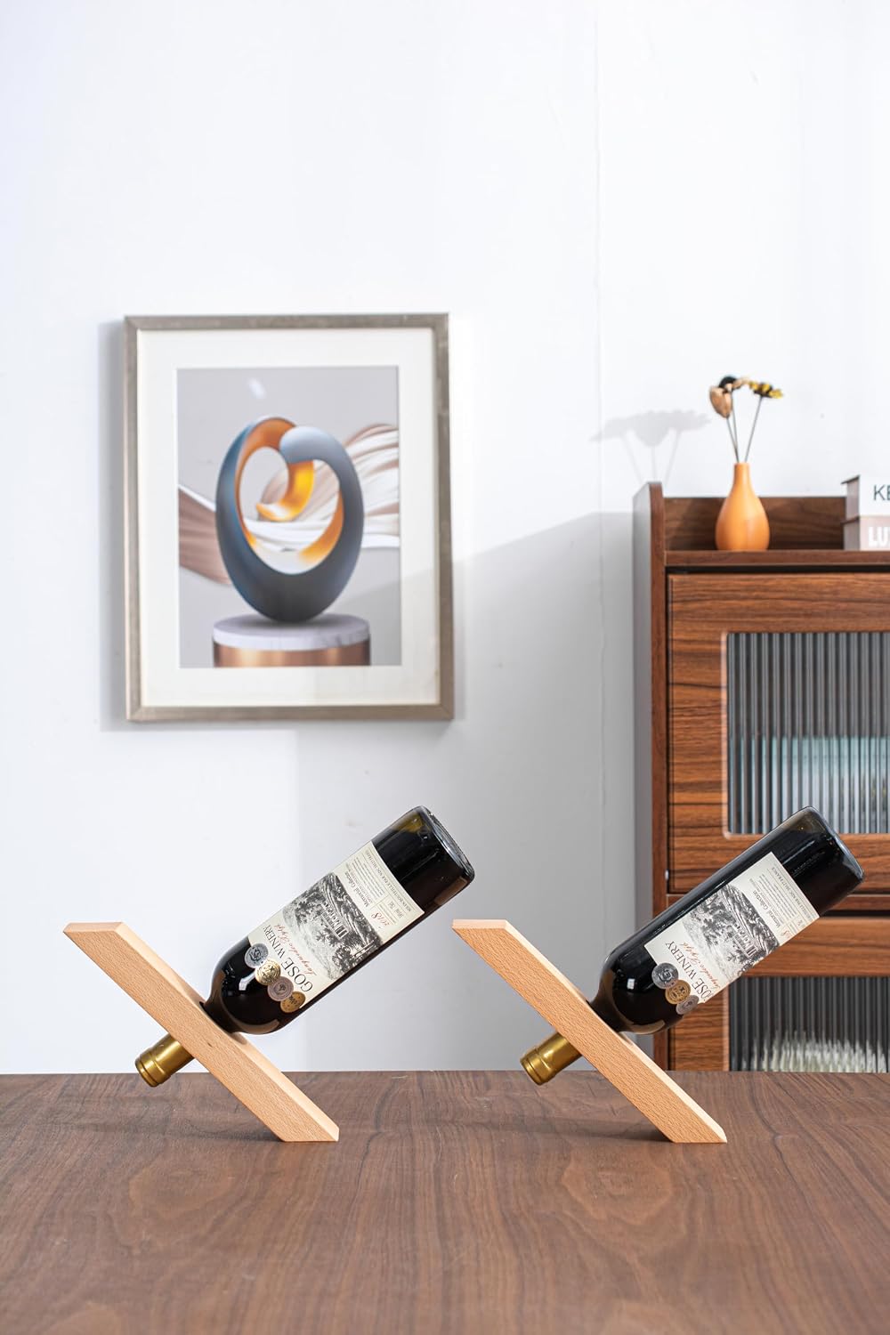 WONQEXZ Wine Bottle Holder - Beech Single Wine Bottle Holder Stand Display - Table Top Wine Rack Self - Balancing Countertop Wine Holders Organizer for Dining Table(1PCS)