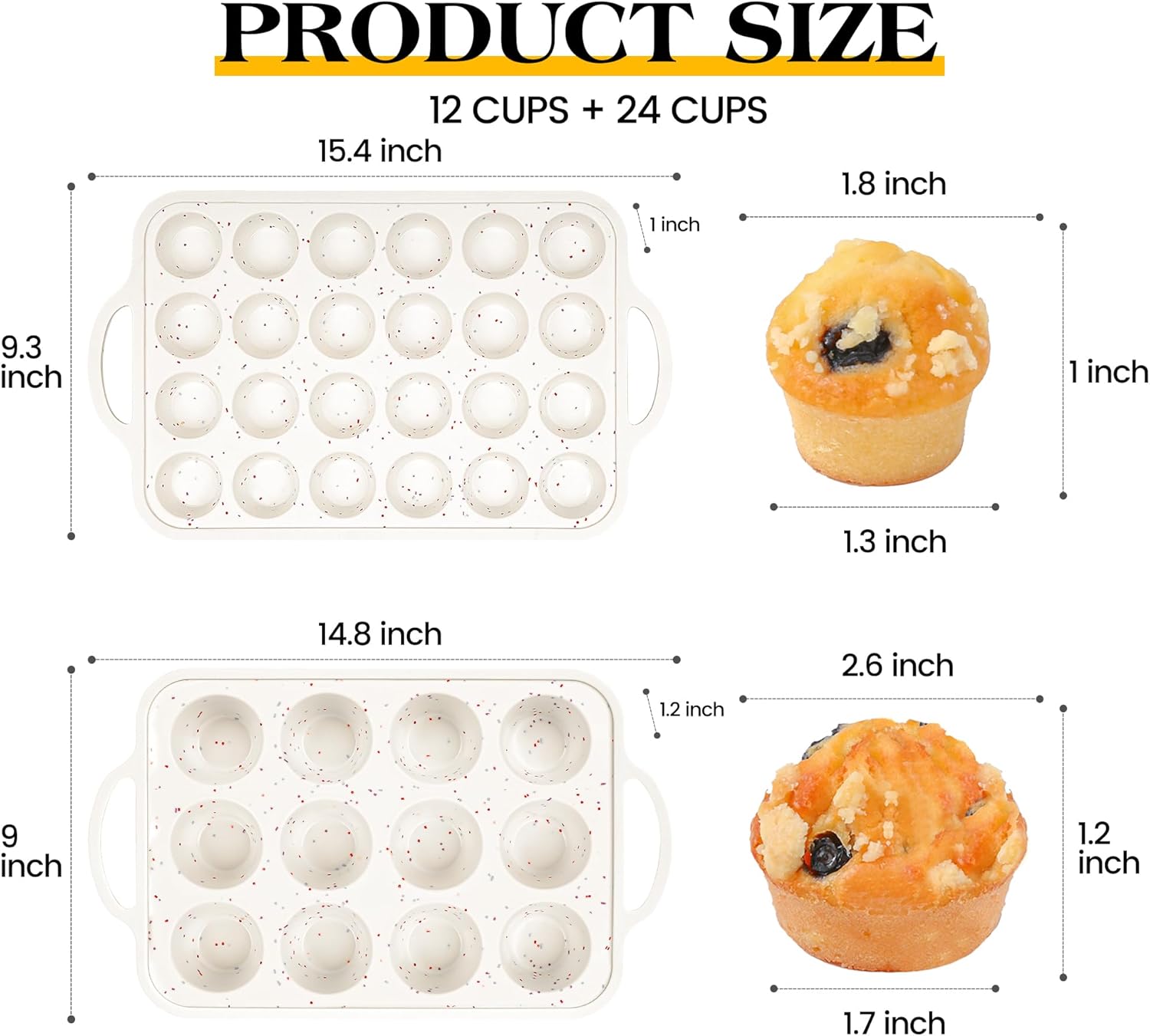Regular 12 Cup and Mini 24 Cup Nonstick Cupcake Pan Set Silicone Muffin Pan for Baking Silicone Cupcake Mold with Metal Reinforced Frame BPA Free (2 Pcs, Cream) - Image 5