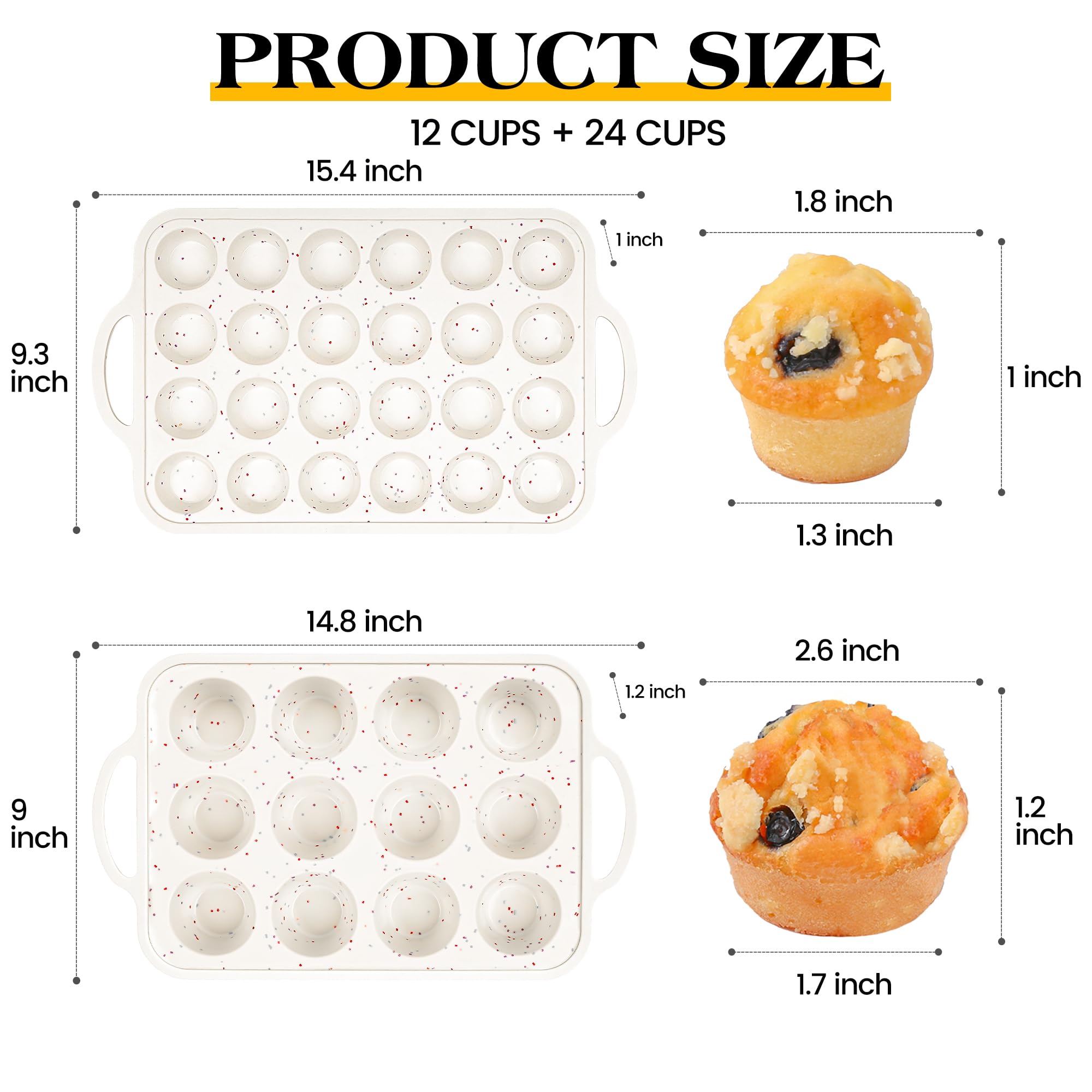 Normale Cupcake-Form für 12 Tassen und Mini-24 Cupcakes, antihaftbeschichtet, Silikon-Muffinform zum Backen, Silikon-Cupcake-Form mit metallverstärktem Rahmen, BPA-frei (2 Stück, cremefarben)