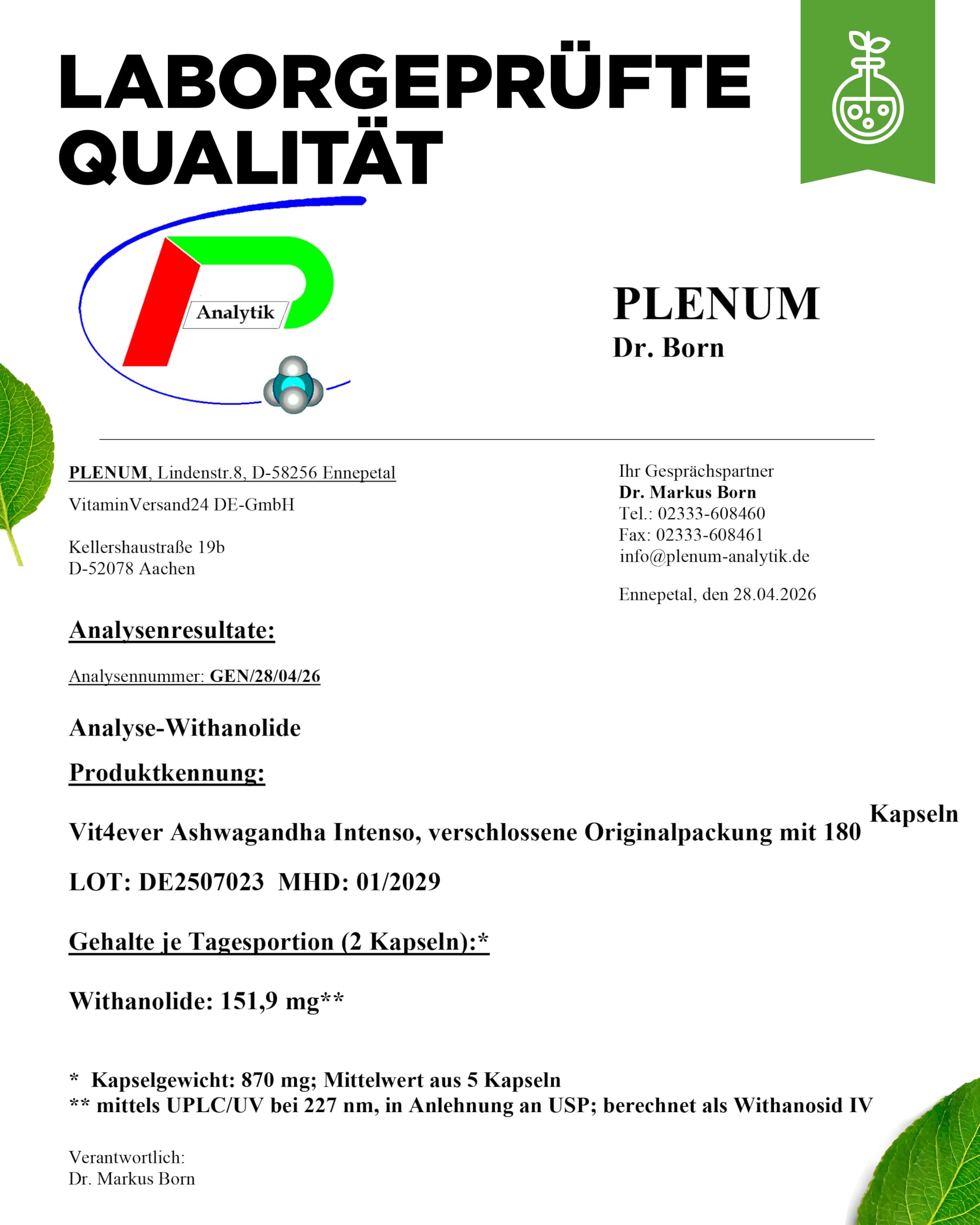 Ashwagandha Extrakt - 180 Kapseln mit 750 mg reinem Wurzelextrakt pro Kapsel & 10% Withanoliden - Hohe Reinheit - Vegan - Hochdosiert - Premium Qualität