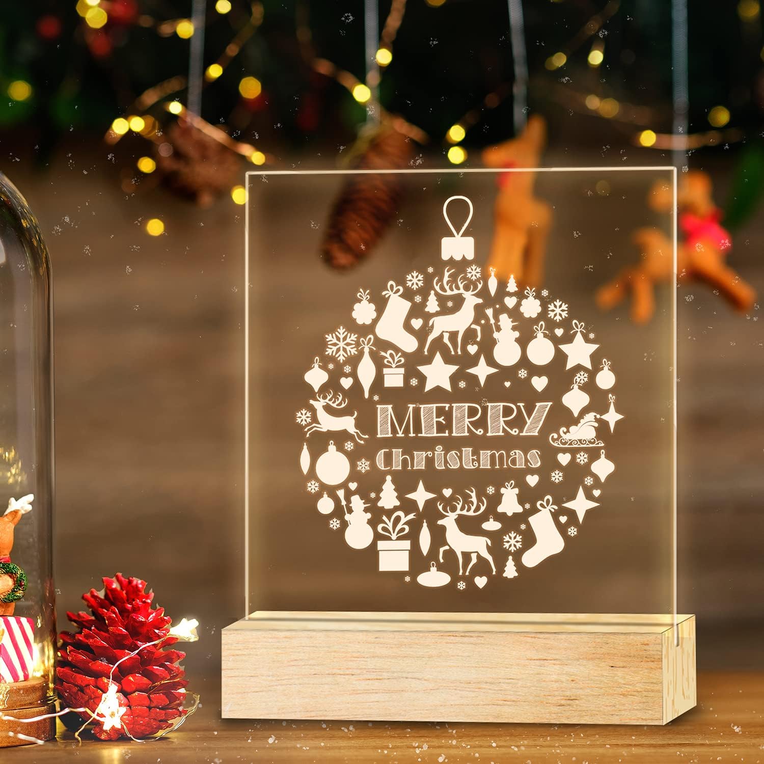 Lighted Christmas Tabletop Decorations, LED Merry Xmas Table Signs Acrylic Illusion Lamp, Winter Desk Decor for House Kitchen Holiday Party Gift