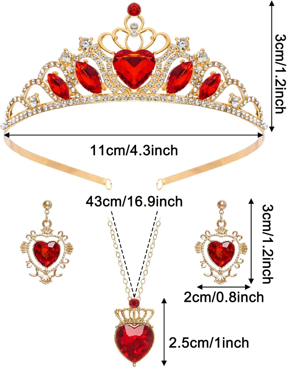 Nydotd 3 Pcs Red Crown with Hearts and Necklace Earrings Gold Tiara Jewelry Set Red Queen Hearts Costume Jewelry Set for Women Teen Dress - Image 2