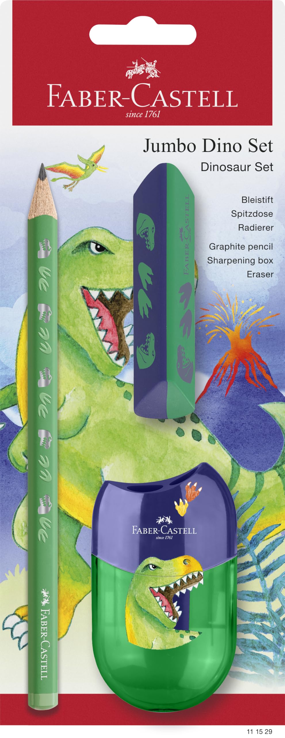 Faber-Castell Dino Writing Set Jumbo Pencil Eraser Sharpener School Set Kids