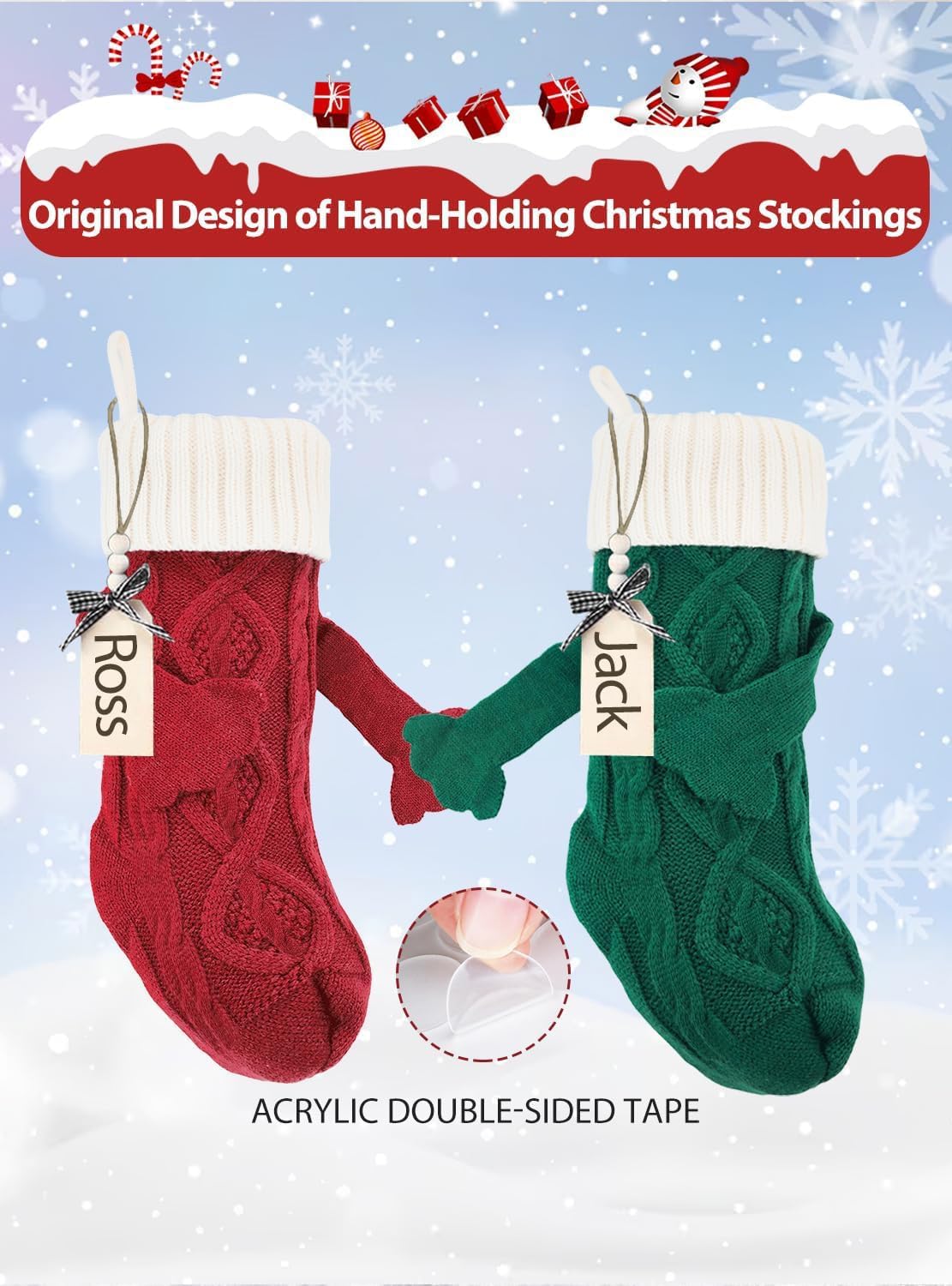 8 Pack Christmas Stockings White Plush Cute Holding Hands With Name Tags, 18Inches Large Cable Knitted Personalized Xmas Stocking For 2025 Xmas Kids Gift, Family Fireplace Holiday Party Decoration