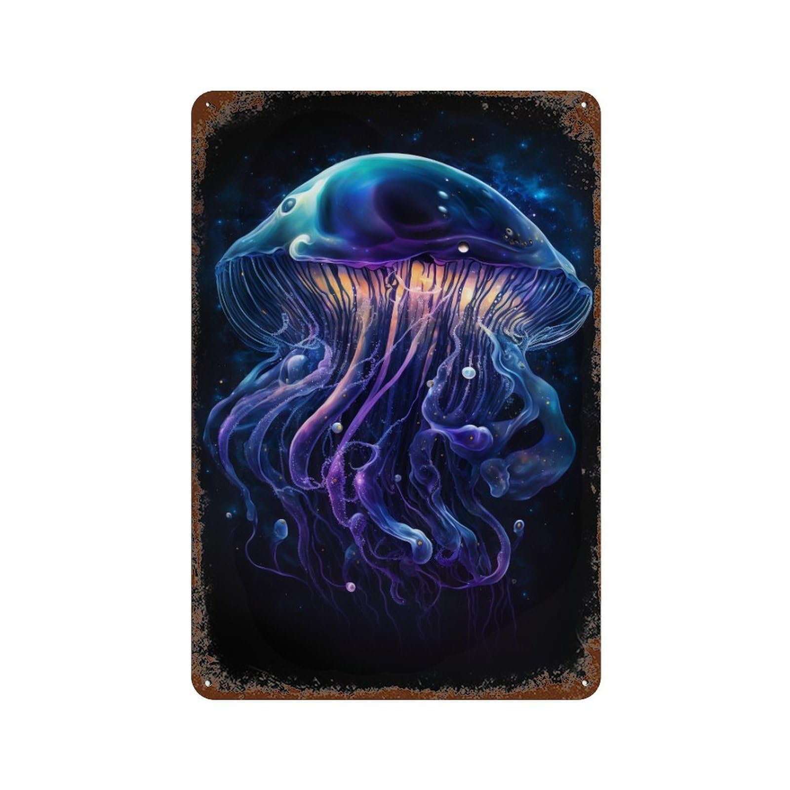 Glowing Jellyfish Art Print-3 Vintage Rust Metal Sign 11.8"x7.9", for Basement, Hobby Room And Garage Decor, Retro Wall Decor