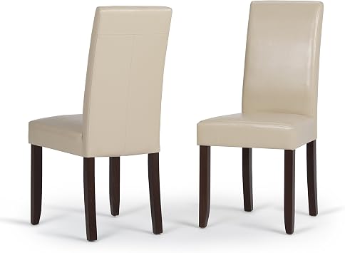 SIMPLIHOME Acadian Dining Chairs - Upholstered Solid Hardwood and Vegan Leather Parsons Chair Set in Satin Cream, Transitional Dining Room Seating with Padded Back and Seat Set of 2