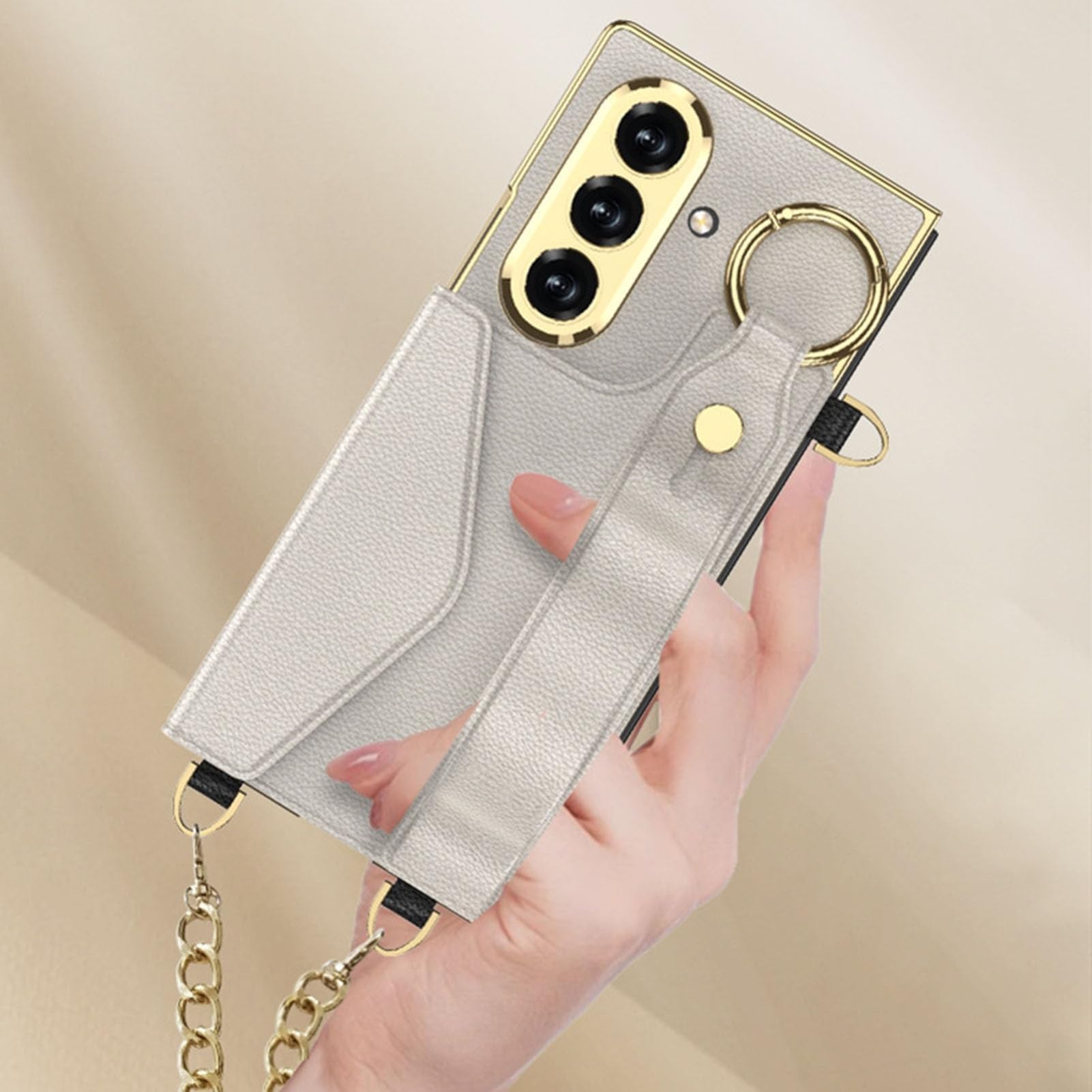 Generisch Etui do Samsung Galaxy Z Fold 7, skórzana bransoletka stojak przegródki na karty pokrowiec na telefon komórkowy metalowy łańcuszek etui ochronne folia ochronna na wyświetlacz osłona (Green2)