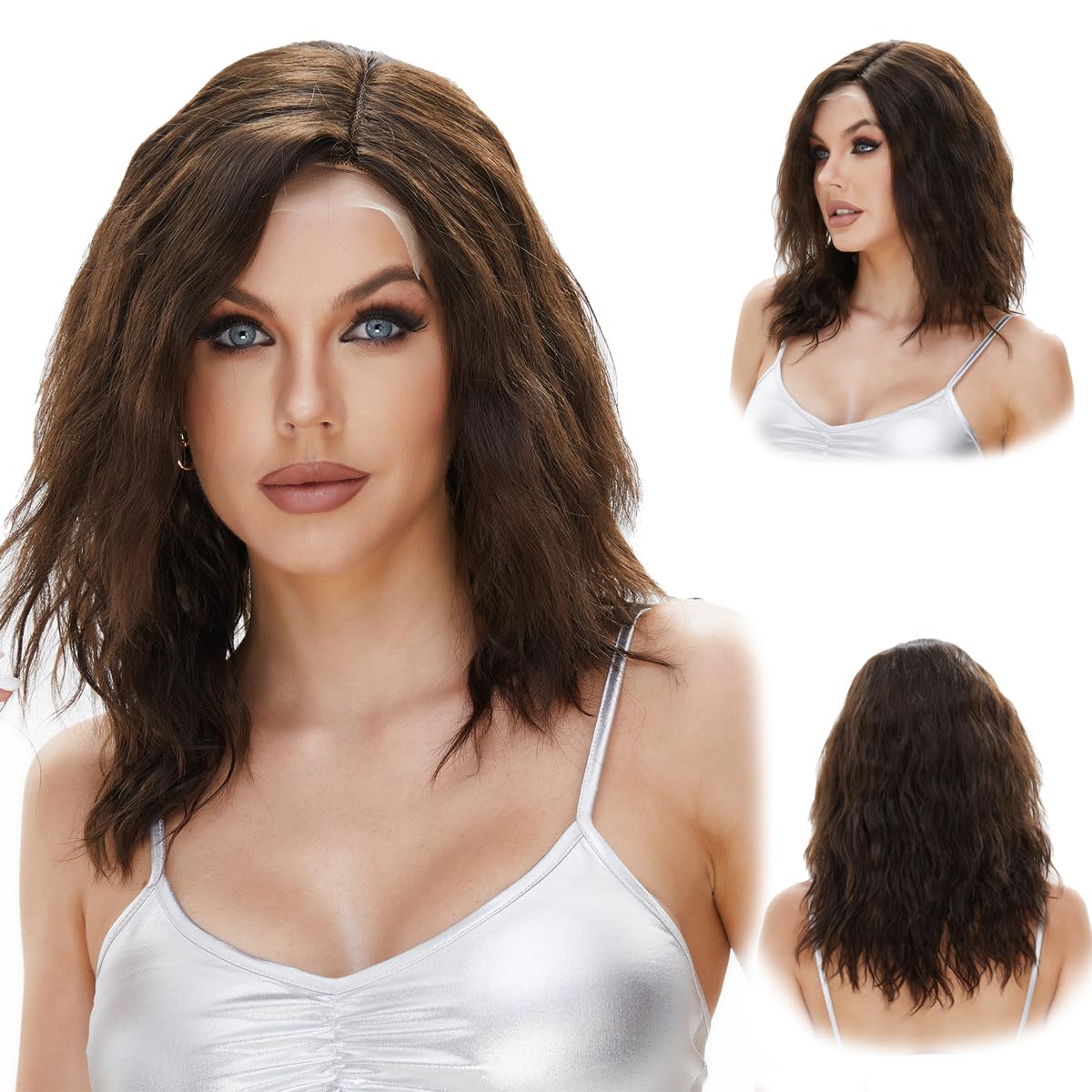 13x4x1 Synthetic Lace Front Wig Brown Wavy Wig for Women Pre Plucked HD Glueless Heat Resistant Fiber Lace Hair for Daily Party Use