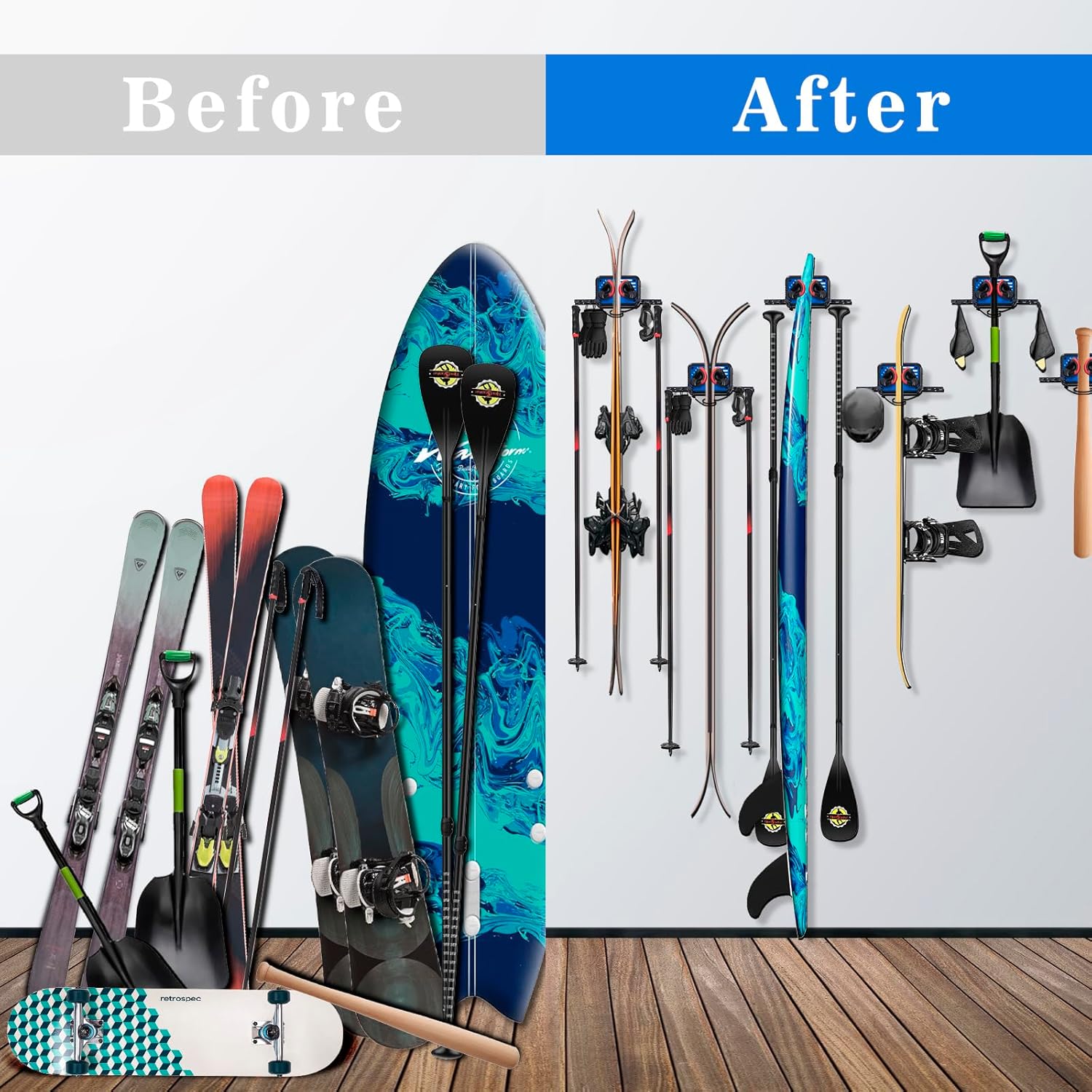 Ski Rack Wall Mount Ski & Snowboard Skateboard Ski Hangers for Wall Mount Fits Any Board holder Up to 25lbs Vertical Ski Storage Rack for Home & Garage Space-Saving Winter Gear Organizer 1pack - Image 5