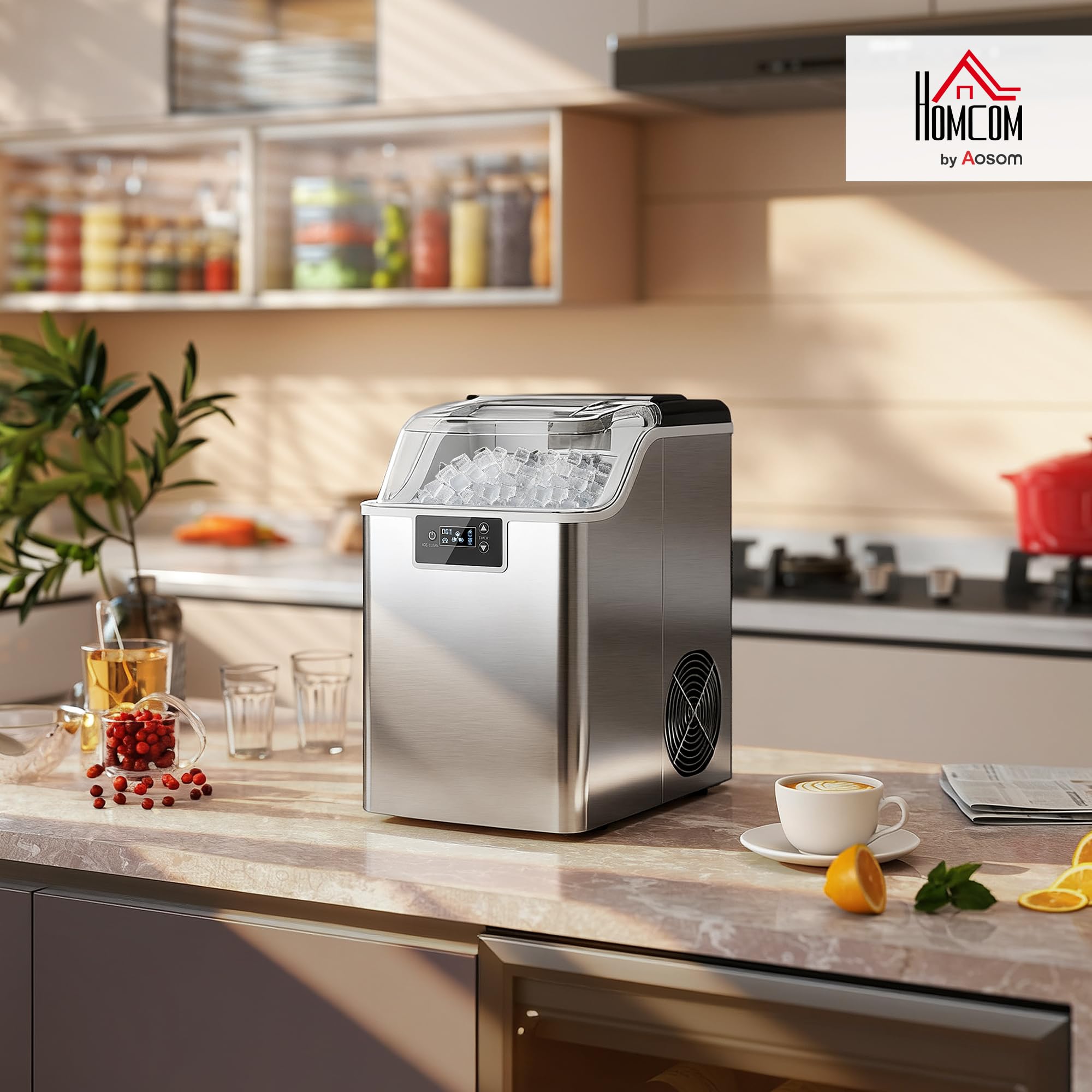 HOMCOM Eiswürfelmaschine Edelstahl Ice Maker 20kg/24h Eiswürfeln | 2,1L Wassertank, 24 Nugget pro Durchgang, Selbstreinigender Eiswürfelbereiter, Eisschaufel und Korb, Für Küche Büro Party