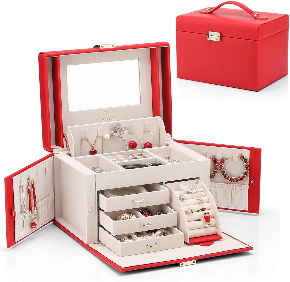 Vlando City Beauty Medium Jewelry Box, Faux Leather Jewelry Organizer Gift for Women -Red : Clothing, Shoes & Jewelry