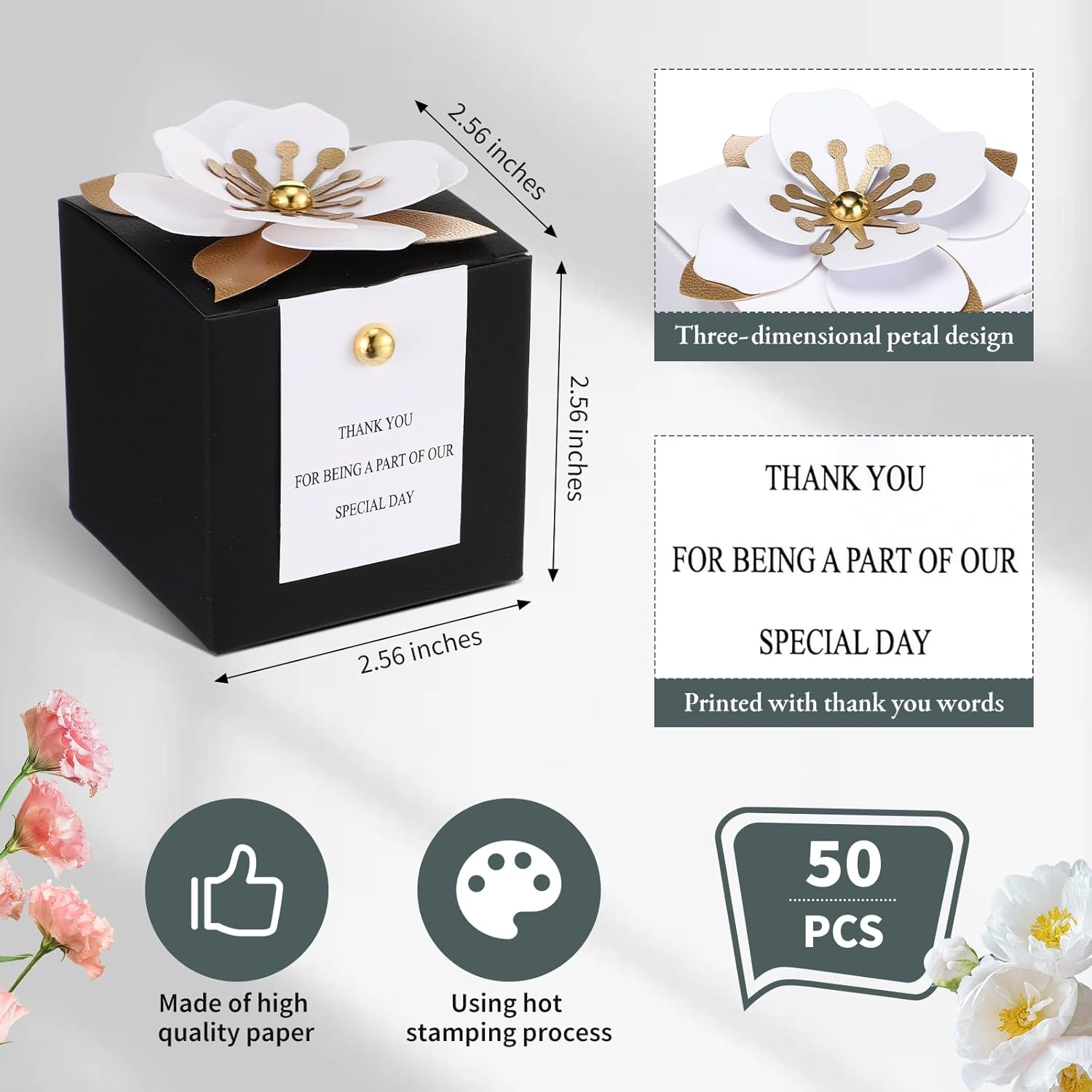 Affrolling 50 Pcs Wedding Favor Boxes with Thanks Card Square Flower Candy Boxes Paper Bridal Gift Box for Guests Wedding Bridal Shower Birthday Party Anniversary(Black) - Image 2