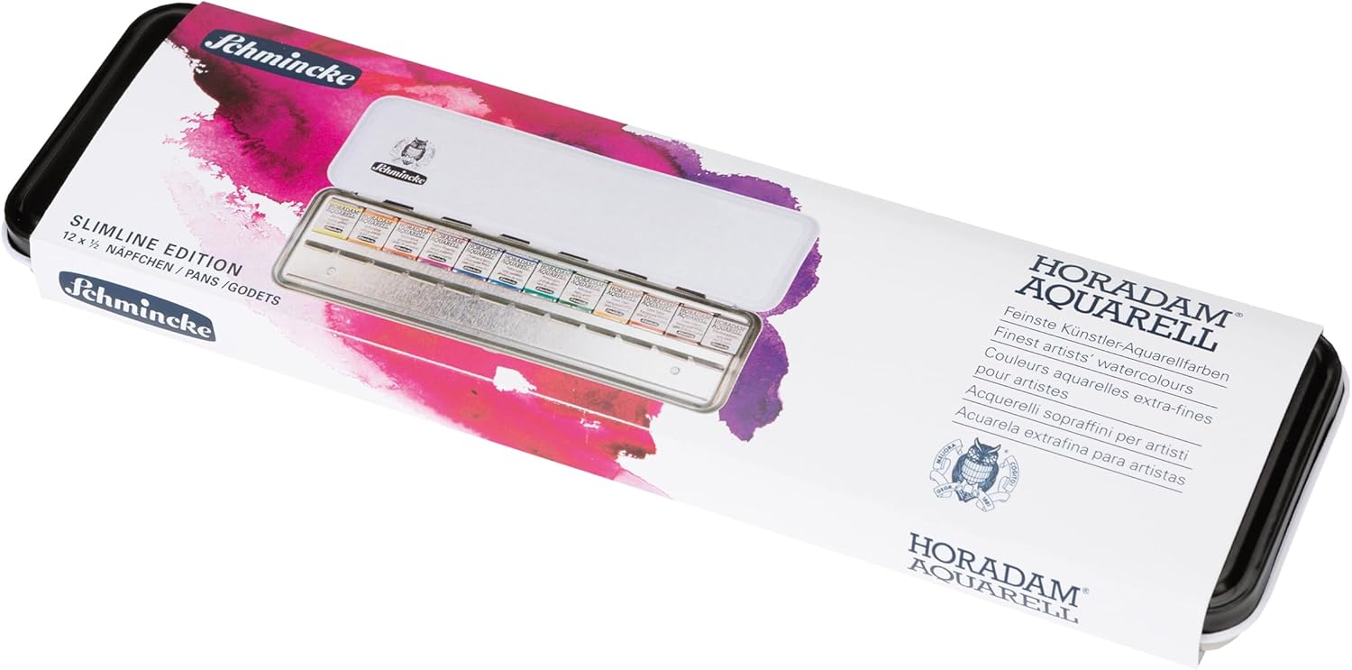 Schmincke - HORADAM® AQUARELL paint box Slim Line with 12 finest watercolors in 1/2 pans, 74825097, empty tray, narrow and flat, painting set