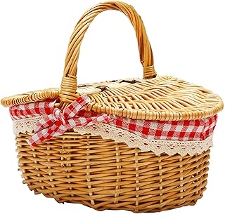 Country Style Wicker Picnic Basket Hamper with Lid and Handle & Liners for Picnics, Parties and BBQs