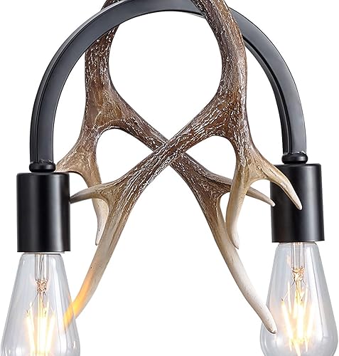 Miniatura 8 de Candelabro de cornamenta, moderna lámpara de cornamenta de ciervo de 2 luces, lámpara colgante de cornamenta negra de hierro de resina para