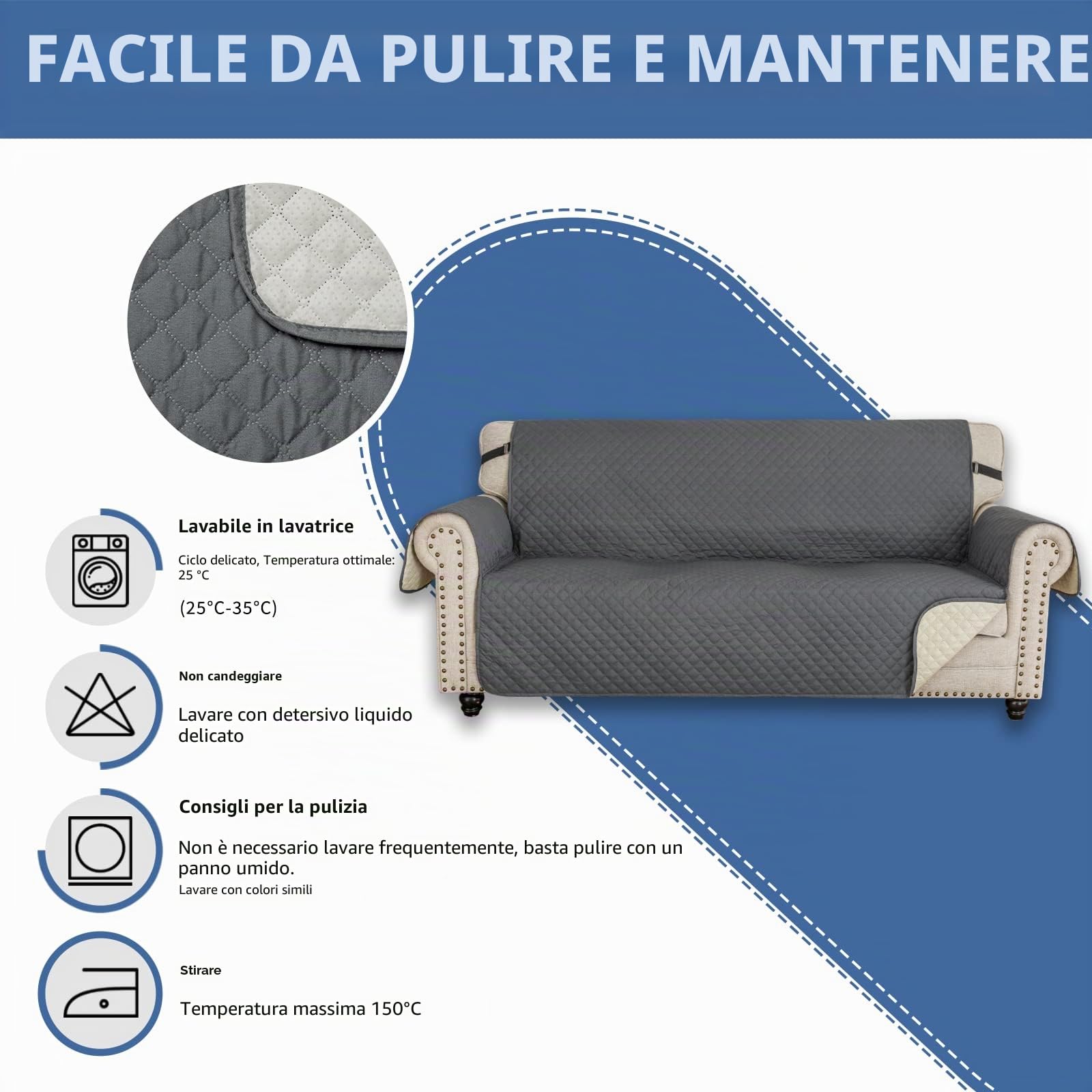 XINEAGE Copridivano 3 Posti, Impermeabile Copridivano Reversibile, Copri Divano Trapuntato con Tasche Laterali, Copridivani Moderno per Cani e Gatti, Grigio Scuro