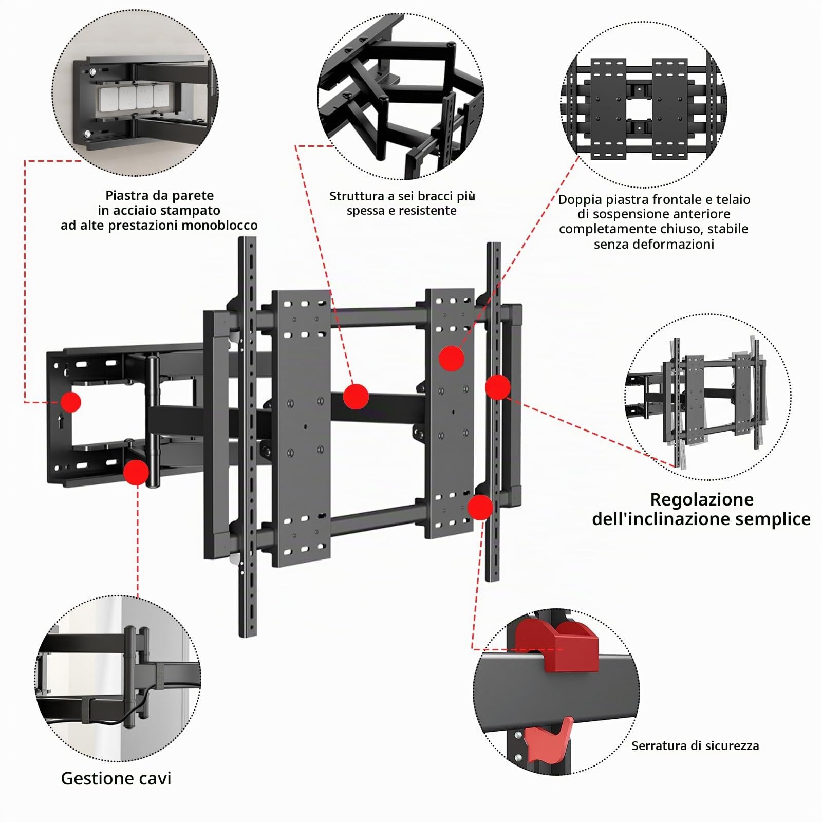Supporto TV Parete 50-120 Pollici fino a 110kg, Staffa TV Inclinazione, Rotazione, Girevole, Estensione, livellamento, Supporto TV Doppio Braccio Articolato, Preassemblato Max VESA 1000x600