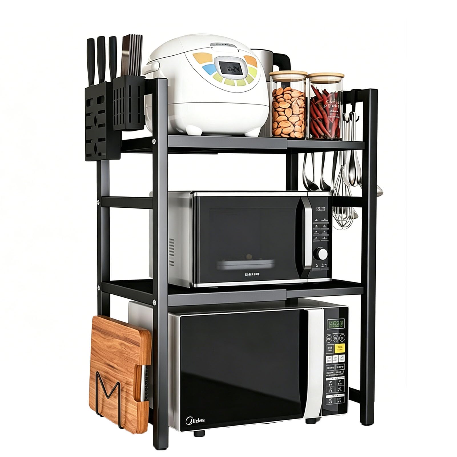TBATM Extendable Microwave Oven Rack Shelf with 6 Hooks/Cutting Board Holder/Rag rack Storage for Kitchen Counter Organiser Printer Stand, Space Saving,2 Tier