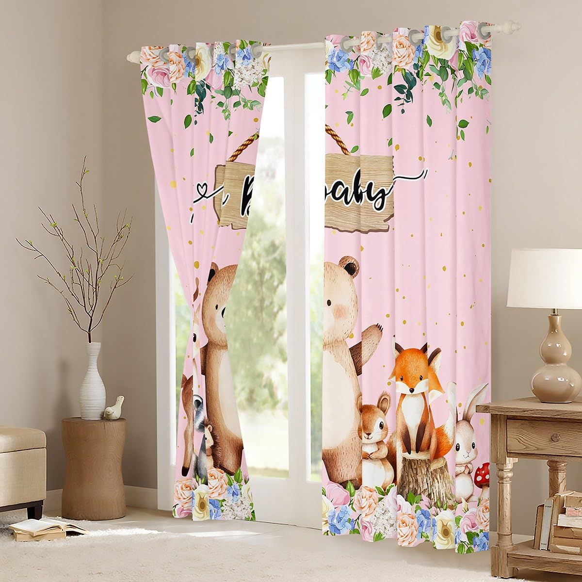 Homewish Tier Thema Fenster Vorhänge 2 Panels 140Bx260L Safari Wildlife Verdunkelungsvorhänge für Kinder Jungen Mädchen Natur Cartoon Bär Raccoon Hedgehog Hirsch Fuchs Eichhörnchen Rosa Vorhänge