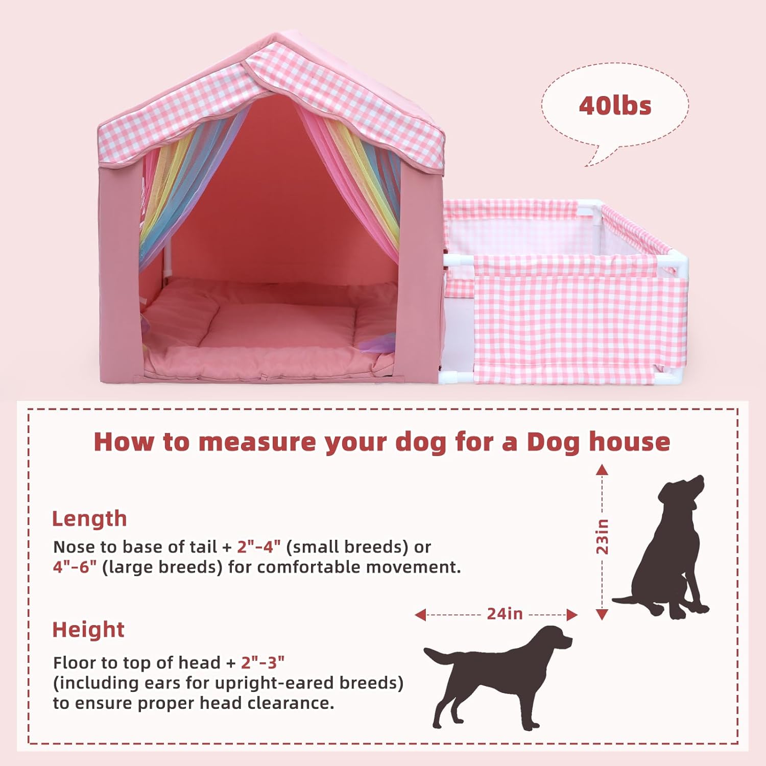 Dog House Indoor with Frame for Small to Medium Dogs, Cute Dog Tent Bed with Play Area, Princess Cat House with Soft Plush Cushion, 44" L x 26.8" W x 25" H, Pink