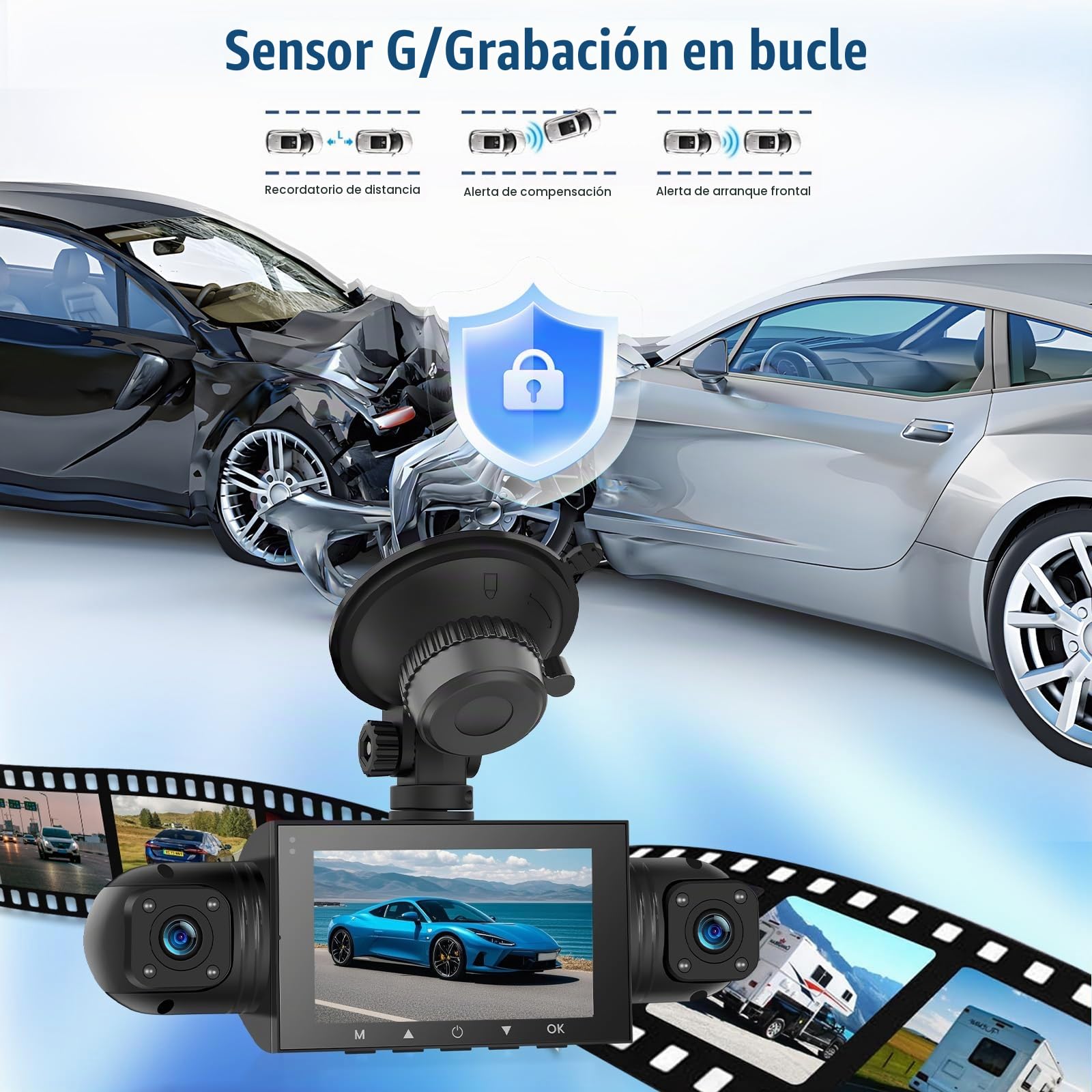 Dashcam Auto 360 Gradi 4 Canales, Cámaras 1080P Fronte/Interior/Trasera con 3" Pantalla IPS, Compatible con Tarjetas TF, Visión Nocturna/Vigilancia de Aparcamiento 24h/Sensor G/Grabación en Bucle