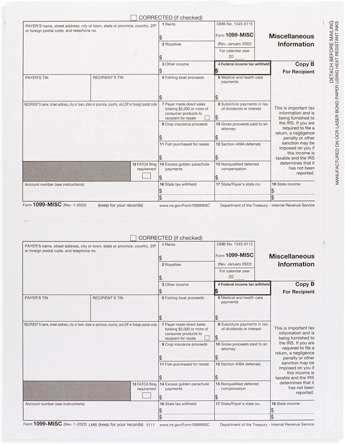 1099 Misc Tax Forms 2022, 4 Part Laser Tax Forms Kit for 25 Vendor with 25 Self-Seal Envelopes, Designed for QuickBooks and Accounting Software : Office Products
