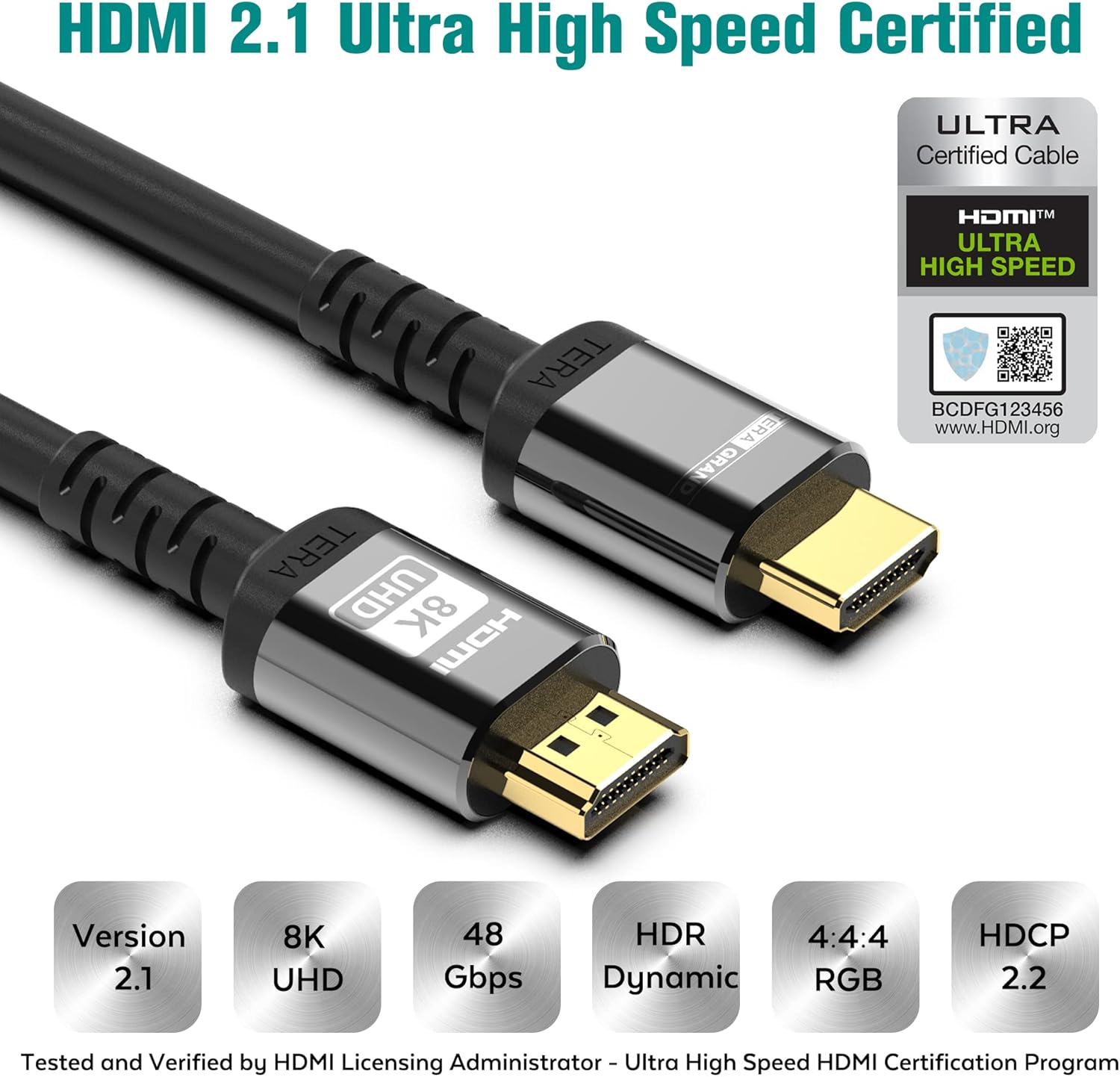 Tera Grand - 8K Ultra High Speed HDMI Certified Cable with Aluminum housing, Supports HDMI 2.1 8K HDR Ultra HD, 48 Gbps, 6 Feet