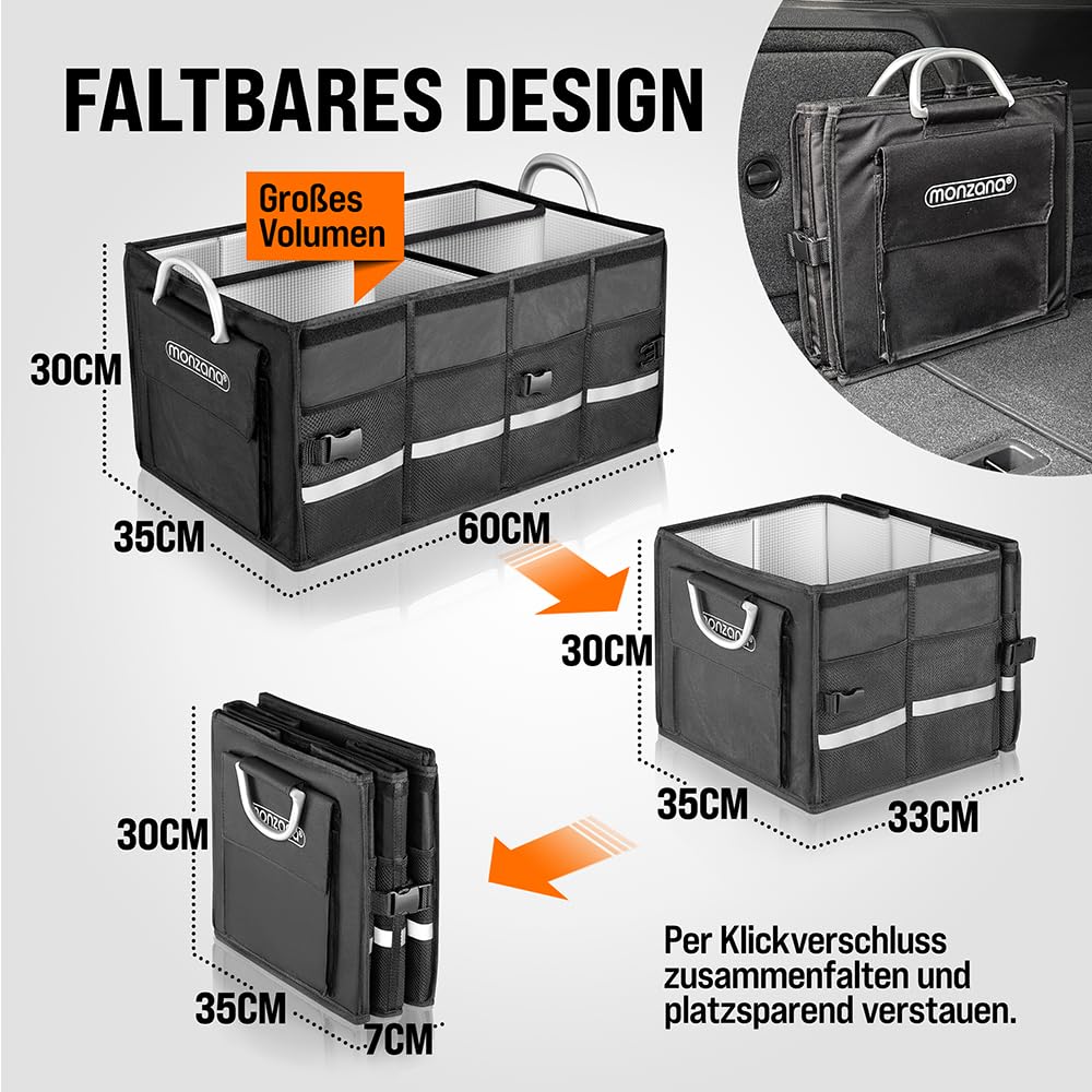 Monzana Kofferraum Organizer Deckel 68L Isolierung Alu-Griffe Trennwände Wasserdicht Faltbar MDF Wände Rutschfest Kofferraumtasche Kühltasche Faltbox
