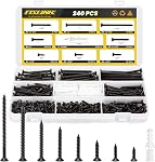 Kit d'assortiment de vis en bois, FIXLINK 240 PCS Ensemble de vis à tête plate haute dureté, vis à entraînement Phillips, contenant 15PC Ancrage à parois sèches et 8 Taille (2-1/2,2”,1-1/2,1-1/4,1”,3/4,5/8,1/2,), noir