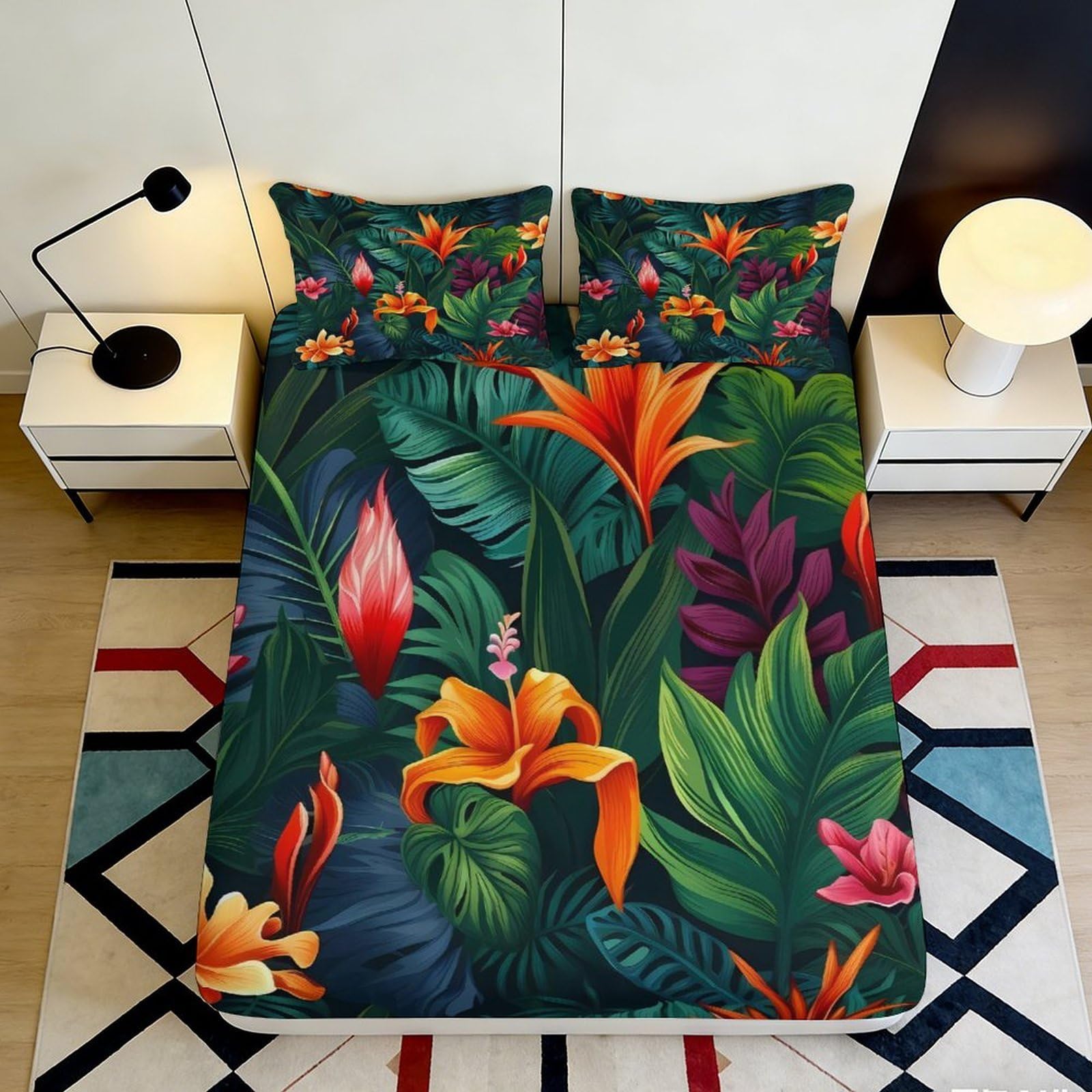 3D Printed Tropical Floral Fitted Sheet Microfiber Soft Vibrant Jungle Leaf Bed Cover for Bedroom Guest Room Decor 90x200x25cm