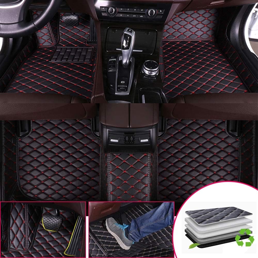 SureMart Custom Car Floor Mats for Honda Civic 2016-2019 Push-Button handbrake All Weather Floor Liners Front Rear Car Leather Mat Carpet Auto Interior Black and Red