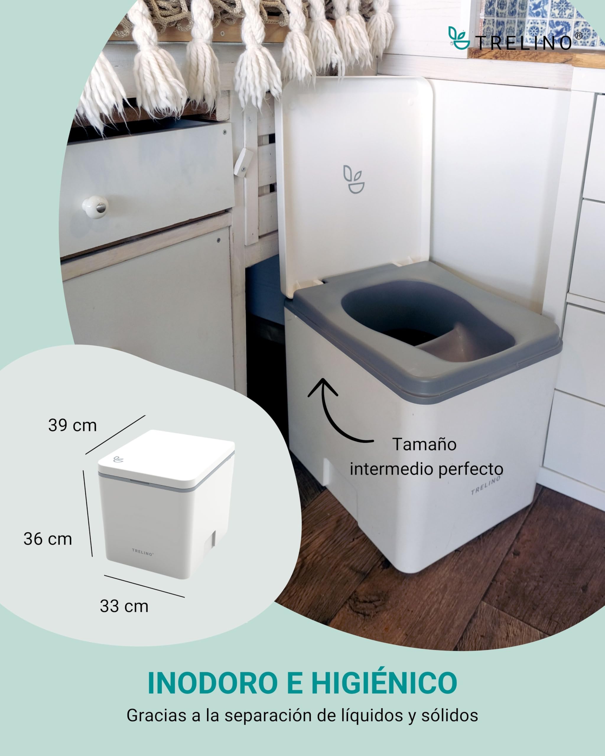 TRELINO EVO M, 39 x 33 x 36 cm, baño seco con Separador, WC portátil para Camping y Uso al Aire Libre, Inodoro seco para Furgonetas y autocaravanas, sin Agua ni Productos químicos