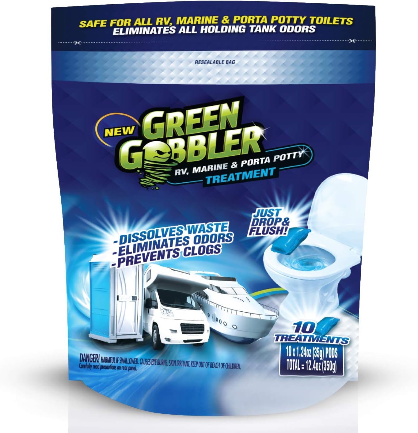 Green Gobbler Holding Tank Deodorizer and Treatment | RV, Marine & Porta Potty Treatment | Prevents Clogs & Waste Build-Up (10 Pod Pouch)
