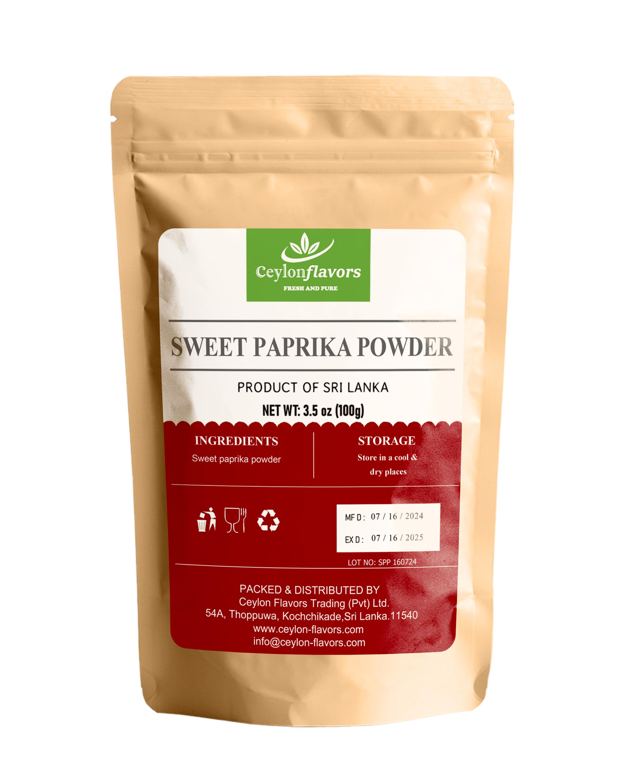 Ceylon Flavors Ground Sweet Paprika Powder 3.5oz (100g) | Packed in a Stand Up Reselable Pouch