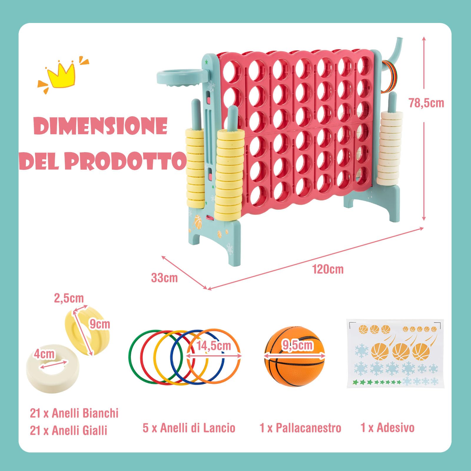 GYMAX Gioco Gigante 4 in Fila, Set di Gioco 4-to-Score con Canestro e Anello da Lancio, 42 Anelli di Facile Presa, Leva di Reset Rapido, Set di Gioco per Interni ed Esterni (Rosso E Verde)