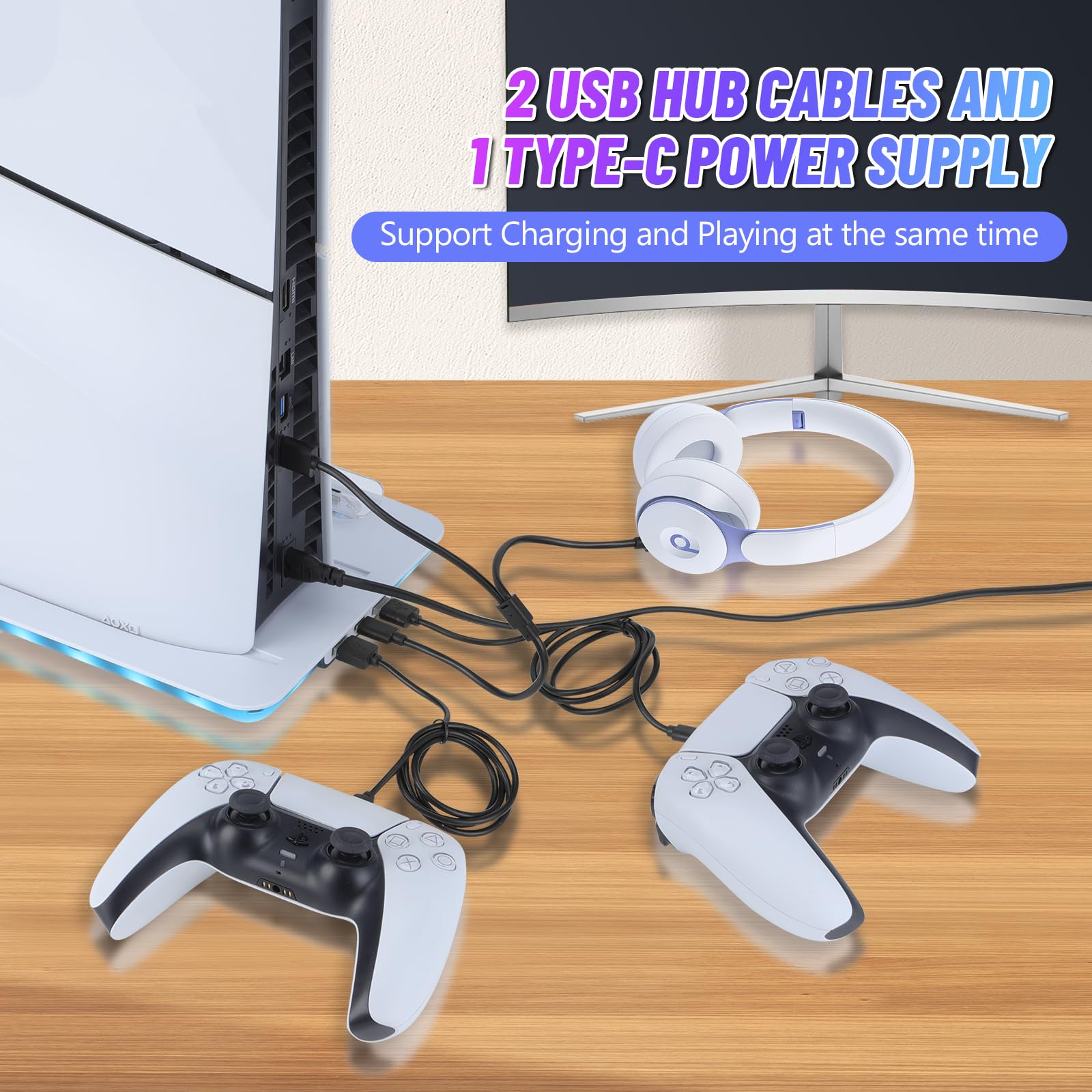 Supporto Verticale con Raffreddamento per PS5/PS5 Pro/PS5 Slim: Base di Ricarica con Doppio Caricatore, 3 Porte USB, Ventola a 3 Velocità e Luci RGB, Accessorio per PS5/PS5 Slim Pro
