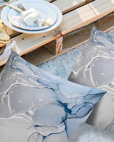 Miniatura 2 de LOVE HOME DAY Juego de 2 fundas de almohada de mármol para exteriores, modernas fundas de almohada decorativas impermeables con degradado azul,