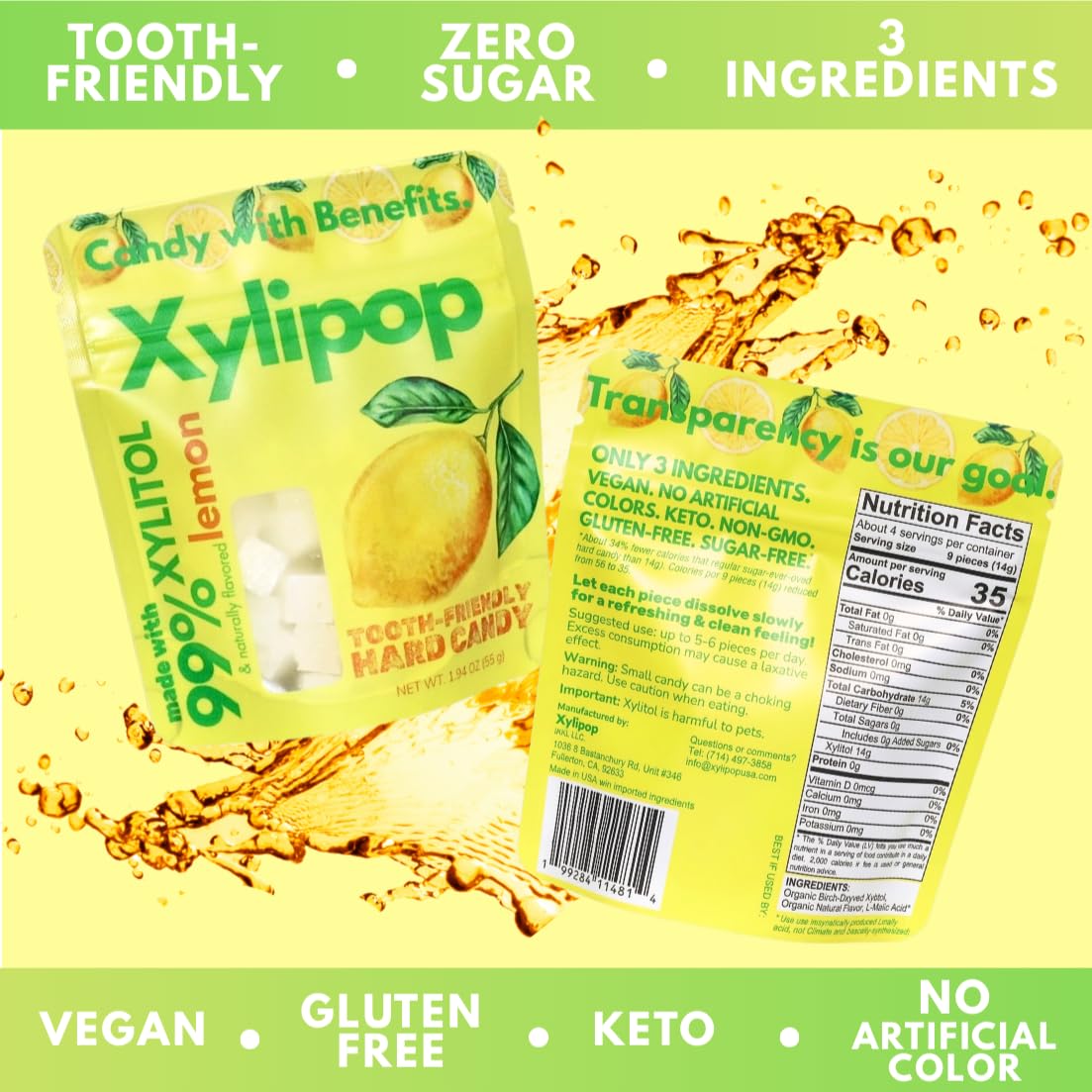 Xylipop 4 Pack (Lemon) – Tooth-Friendly Xylitol Candy | Made with 3 Organic Ingredients | Sugar-Free, Vegan | Healthy Snack for All Ages | 4 x 1.94 oz Pouches