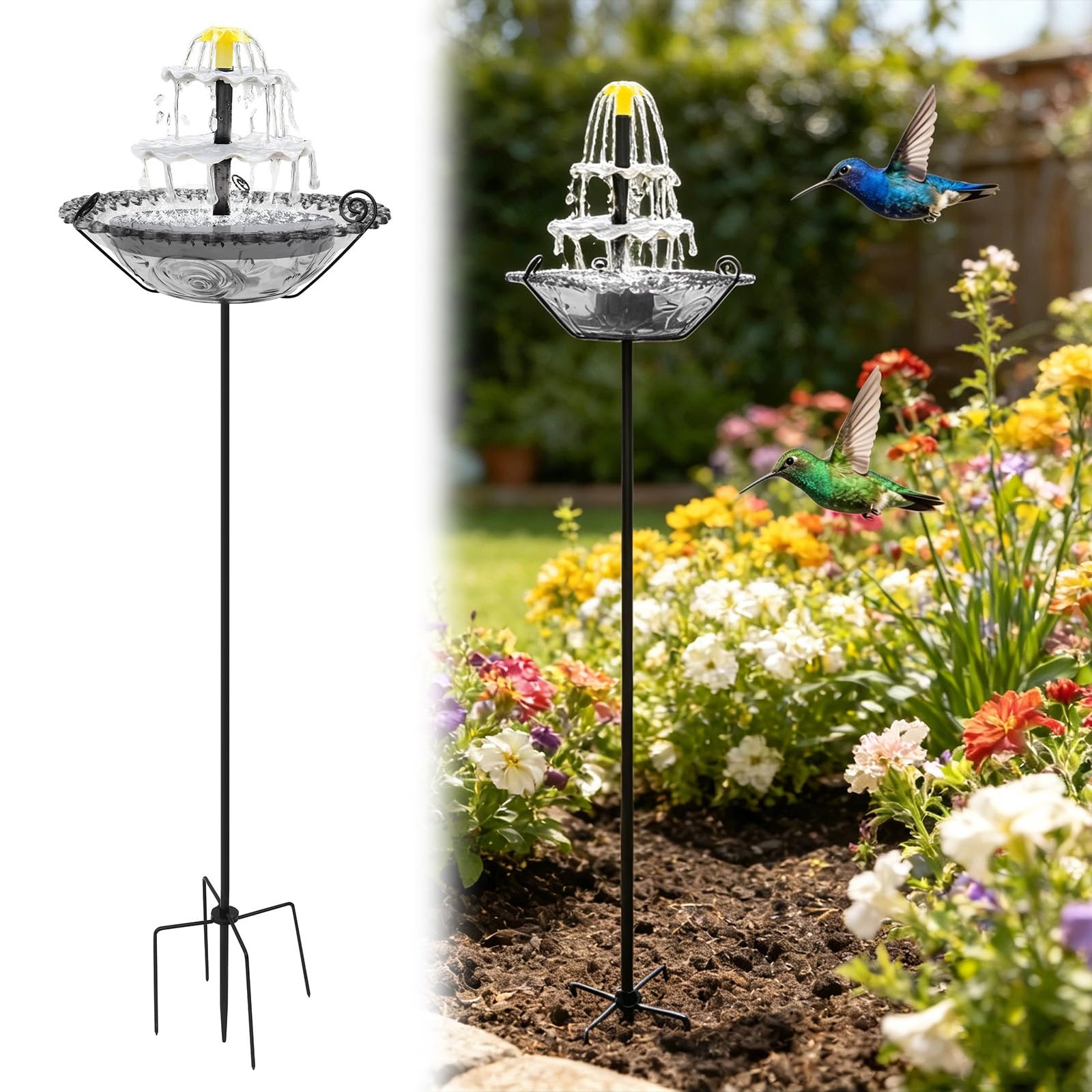 Solar Fountain Bird Bath for Outside, 31In Standing Birdbath with Metal Stake Stand, Flower Bowl Solar Bird Feeder Stake for Outdoor Water Fountain Decor for Garden, Patio, Yard & Lawn