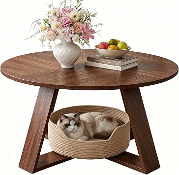 HAIOOU Round Coffee Table for Living Room with Open Storage -Walnut Wood