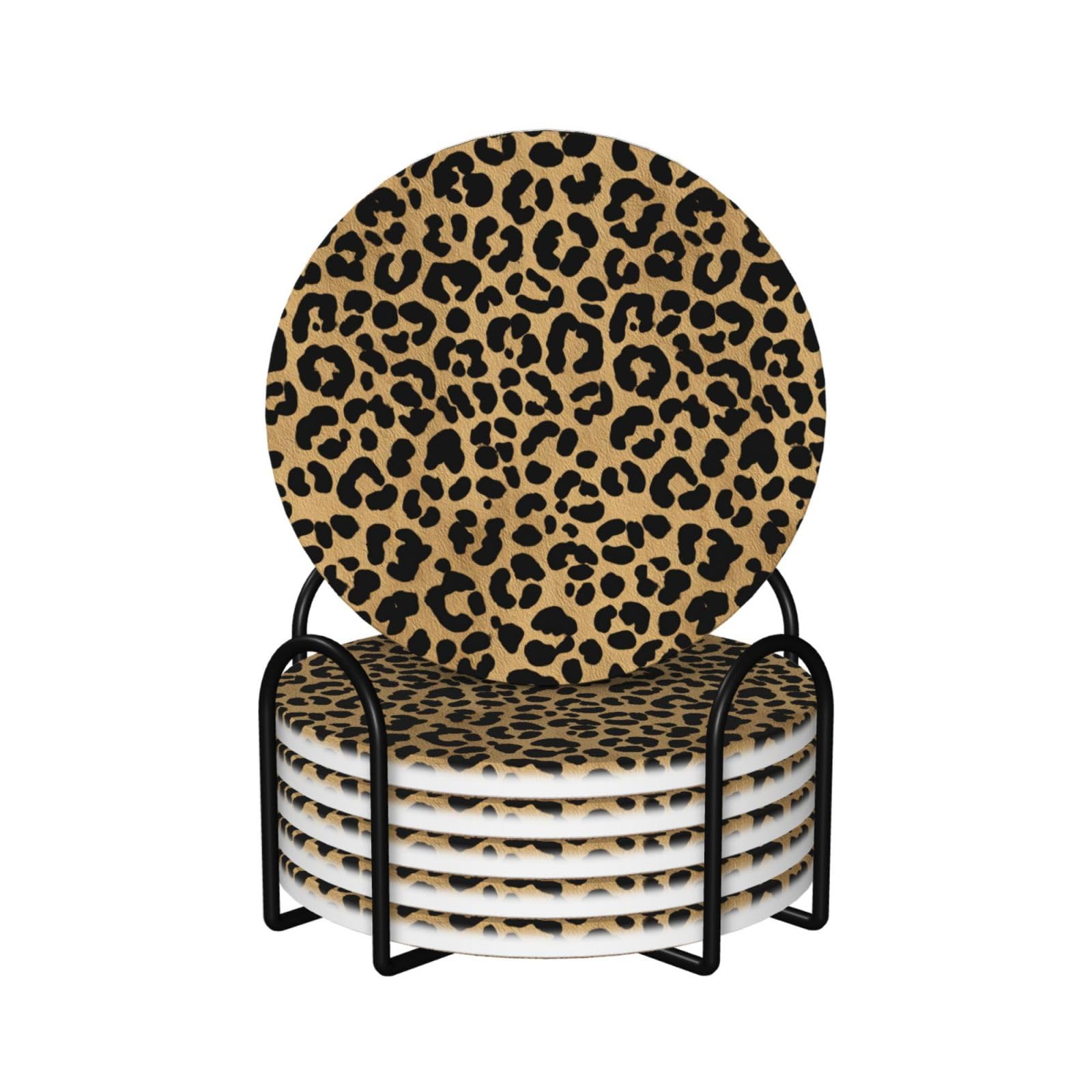 Leopard Pattern Black and Brown Ceramic Coasters with Holder 6ps