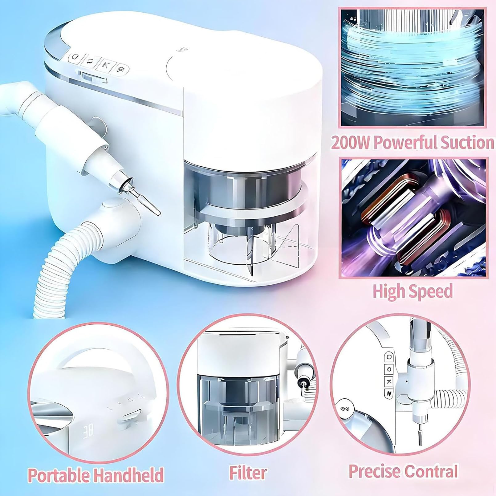 Profesjonalny odkurzacz 200 W do frezarek do paznokci, kompletny system 2 w 1, wymienne głowice, ergonomiczna konstrukcja ABS, dla techników paznokci i dentystów
