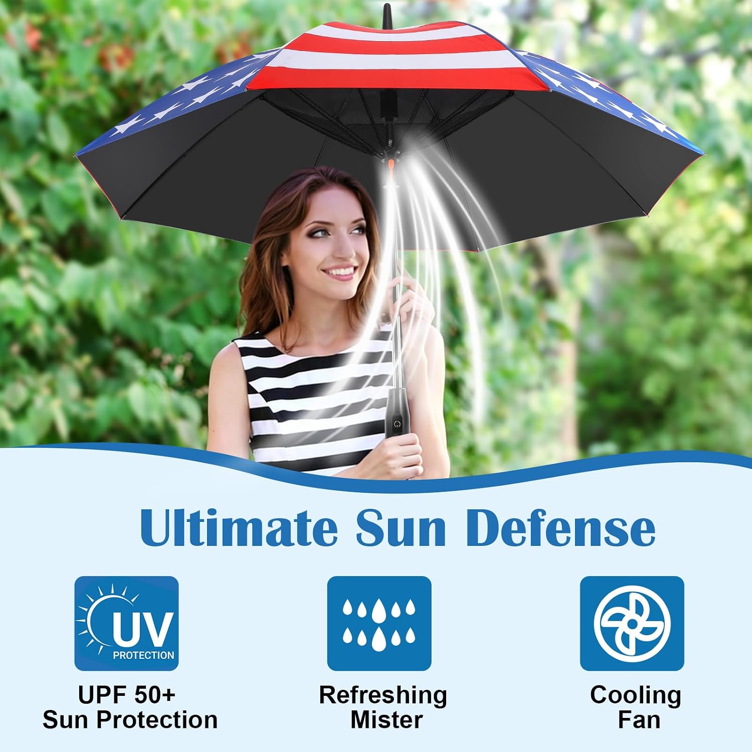 Rechargeable Umbrella with Fan 3-in-1 Handheld Cooling System, Build in Mist Spray, UV Protection, Full Body Coverage for Beach, Golf, Festivals, and Outdoor Activities